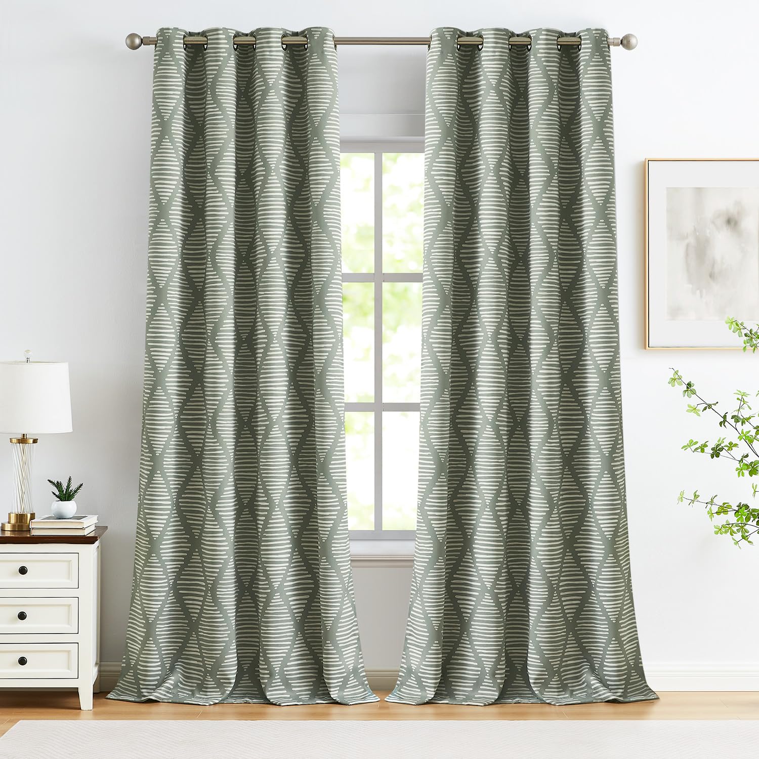 Jinchan 100% Blackout Curtains 96 Inches Long Green Geometric Printed Curtains Thermal Insulated Pattern Bedroom Curtains Modern