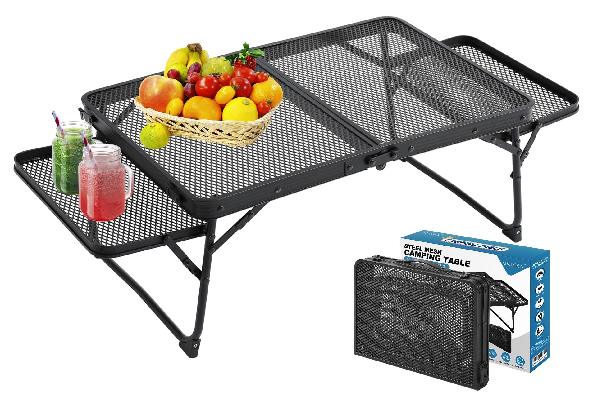 SKIKEN Small Low Camping Table with 2 Wing Panels, Folding Low Picnic & Outdoor Table with 2 Shelves, Lightweight & Easy Carry f