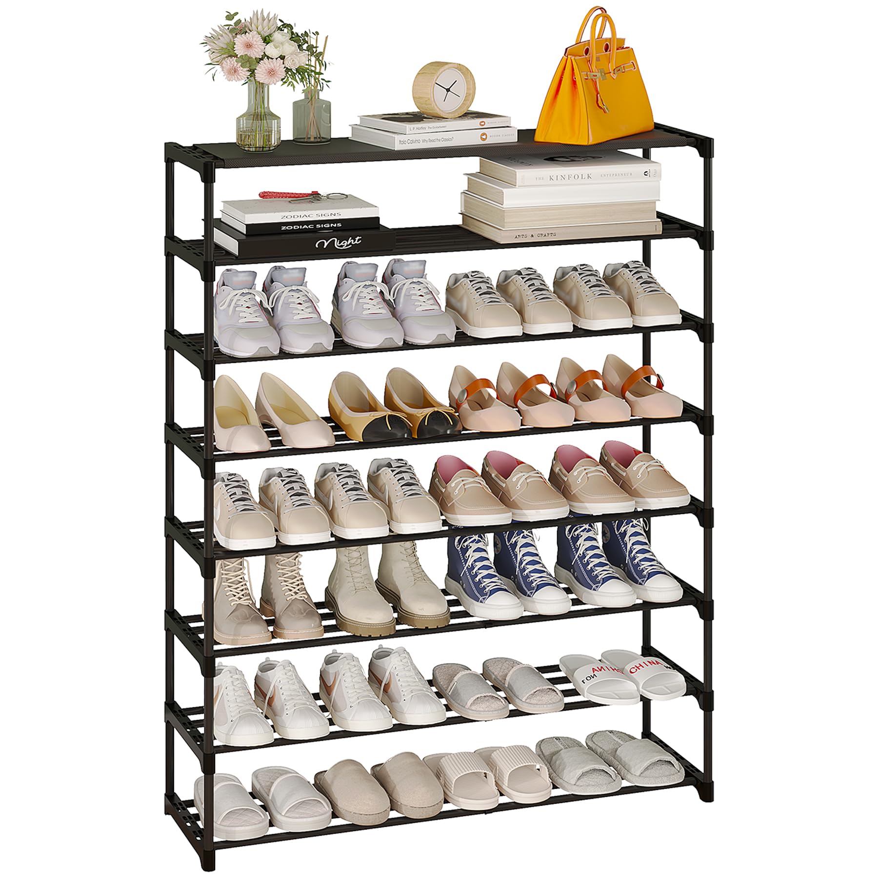 Calmootey 8-Tier Shoe Rack, Tall Large Capacity 40 Pairs Shoes Storage Organizer, Stackable Wide Shoe Shelf For Entryway, Hallway, Black