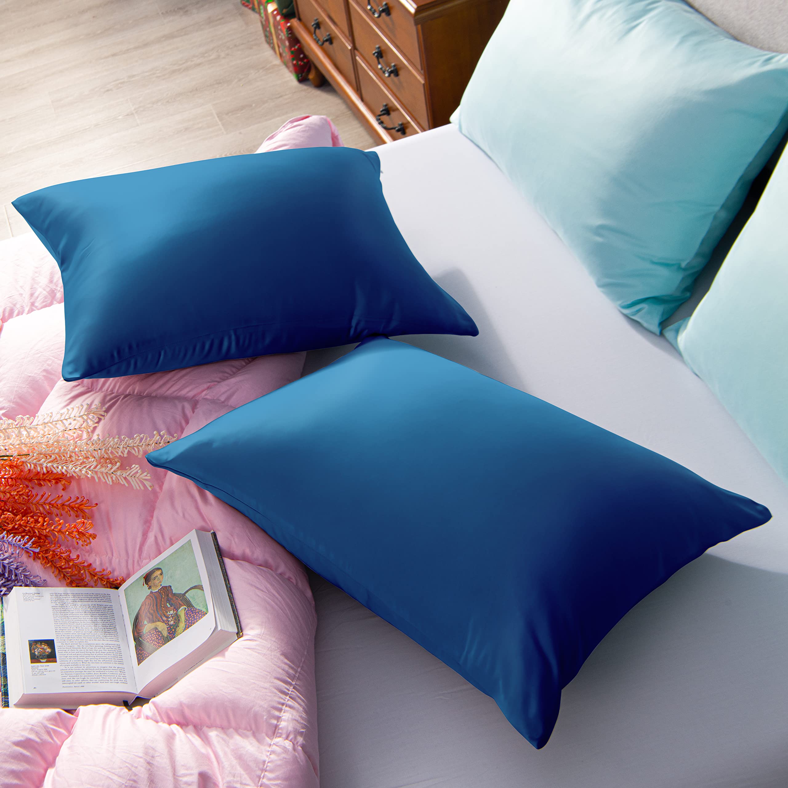 Ntbay Zippered Satin Pillow Cases For Hair And Skin, Luxury King Hidden Zipper Pillowcases Set Of 2, 20X36 Inches, Royal Blue