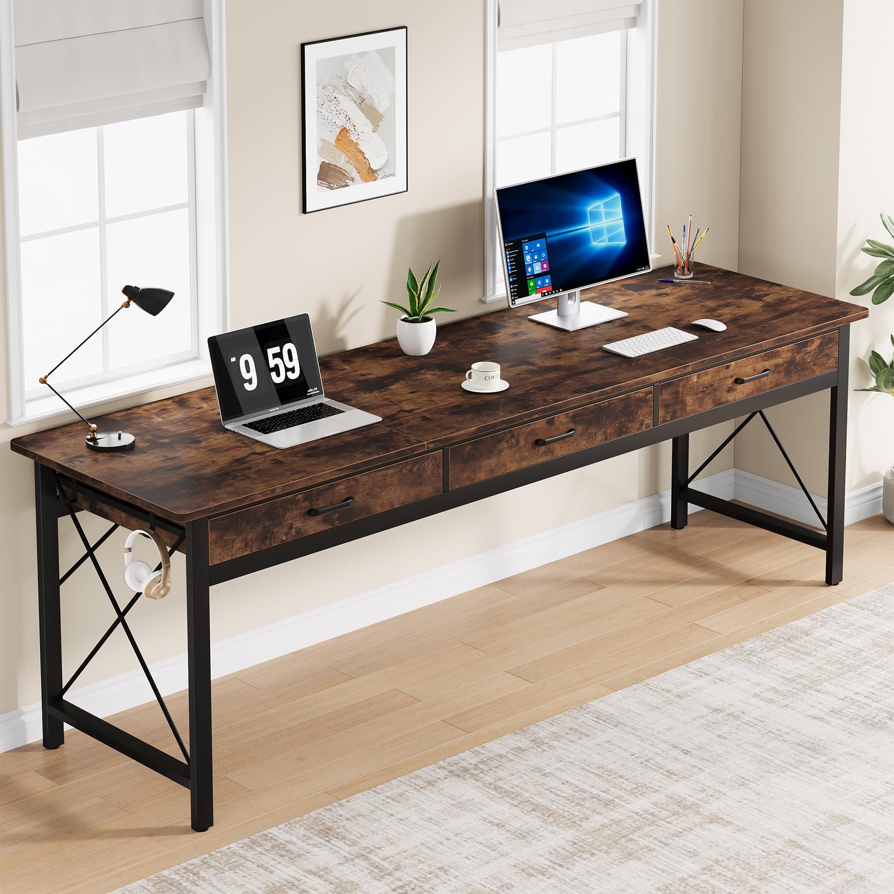 Condemo 78.7 inch Extra Long Computer Desk with 3 Drawers, Two Person Office Desk, Double Desk with Hooks, Industrial Writing St