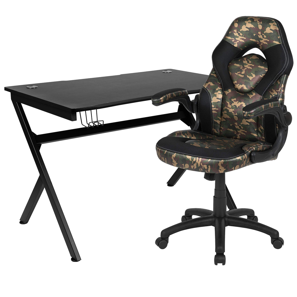 Flash Furniture Gaming Desk And Camouflage/Black Racing Chair Set /Cup Holder/Headphone Hook/Removable Mouse Pad Top - 2 Wire Management Holes