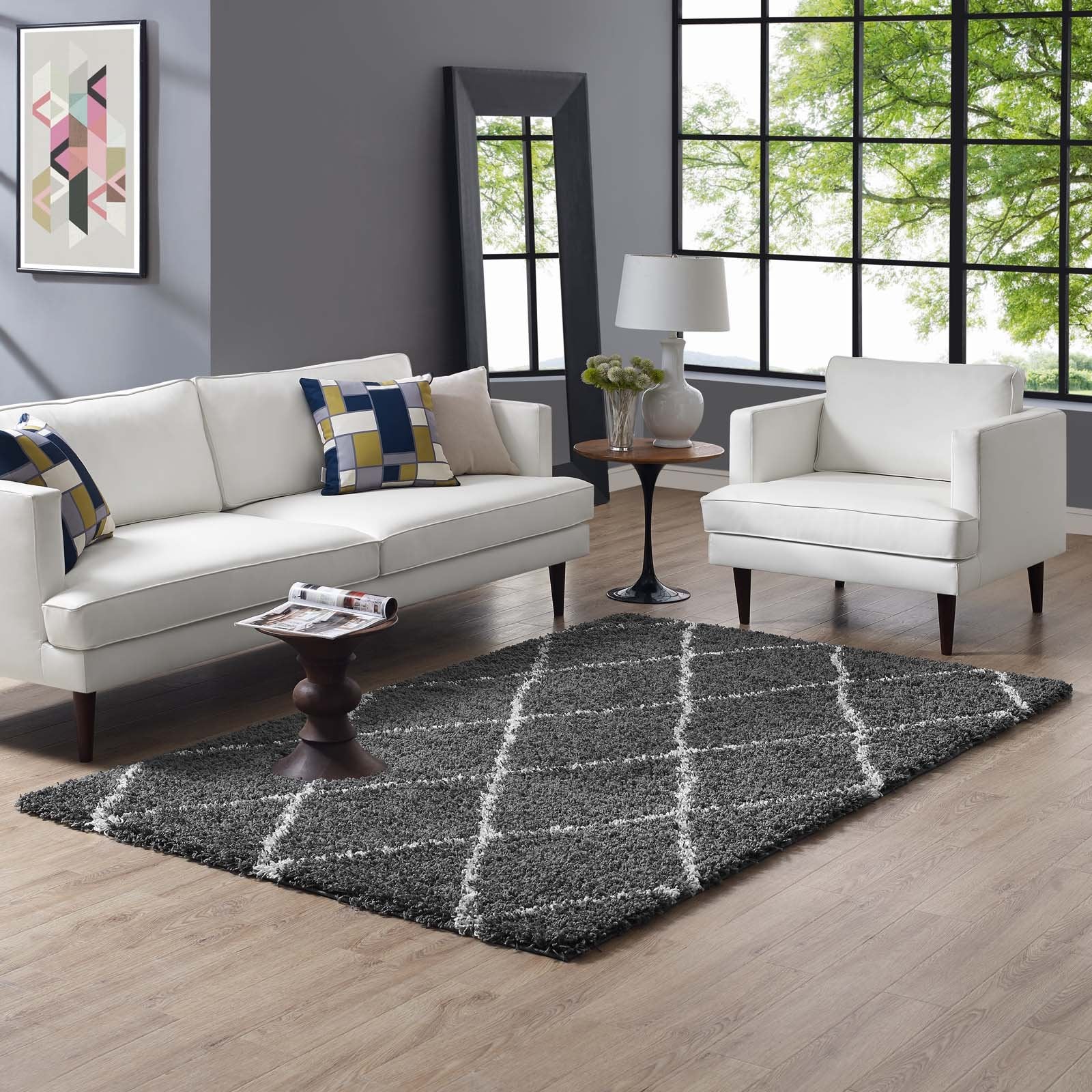 Modway Toryn Diamond Trellis 5X8 High Pile Shag Area Rug With Lattice Design In Dark Gray And Ivory