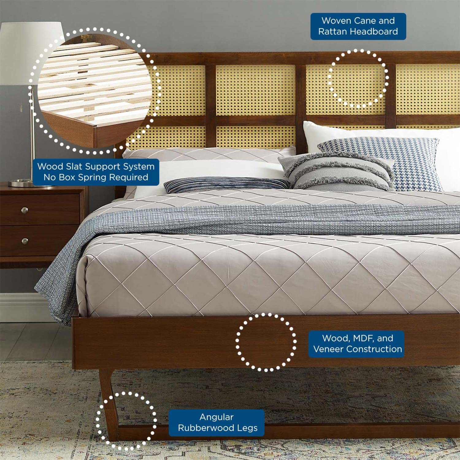 Modway Sidney Cane Rattan And Wood Queen Platform Bed In Walnut With Angular Legs