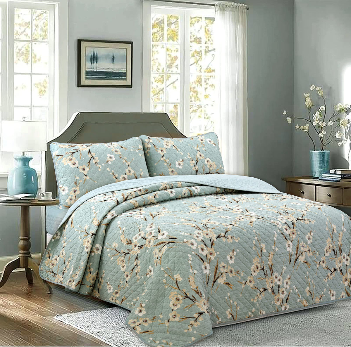 Cozy Line Home Fashions Aqua Teal Turquoise Floral Cherry Blooming 100% Cotton Reversible Quilt Bedding Set, Coverlet, Bedspread
