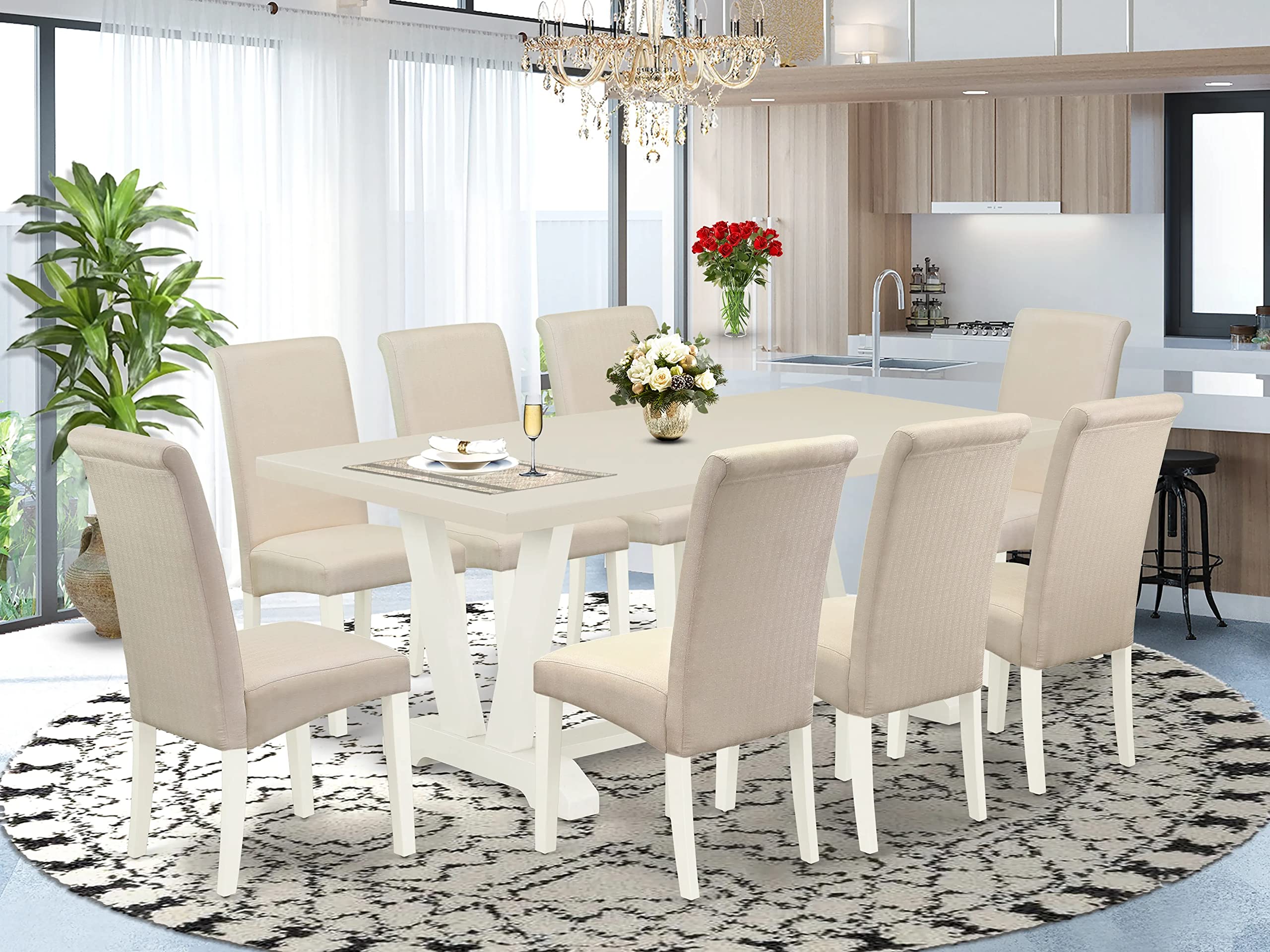 East West Furniture V-Style 9 Piece Kitchen Set Includes A Rectangle Table With V-Legs And 8 Cream Linen Fabric Parson Dining Chairs, 40X72 Inch, V027Ba201-9