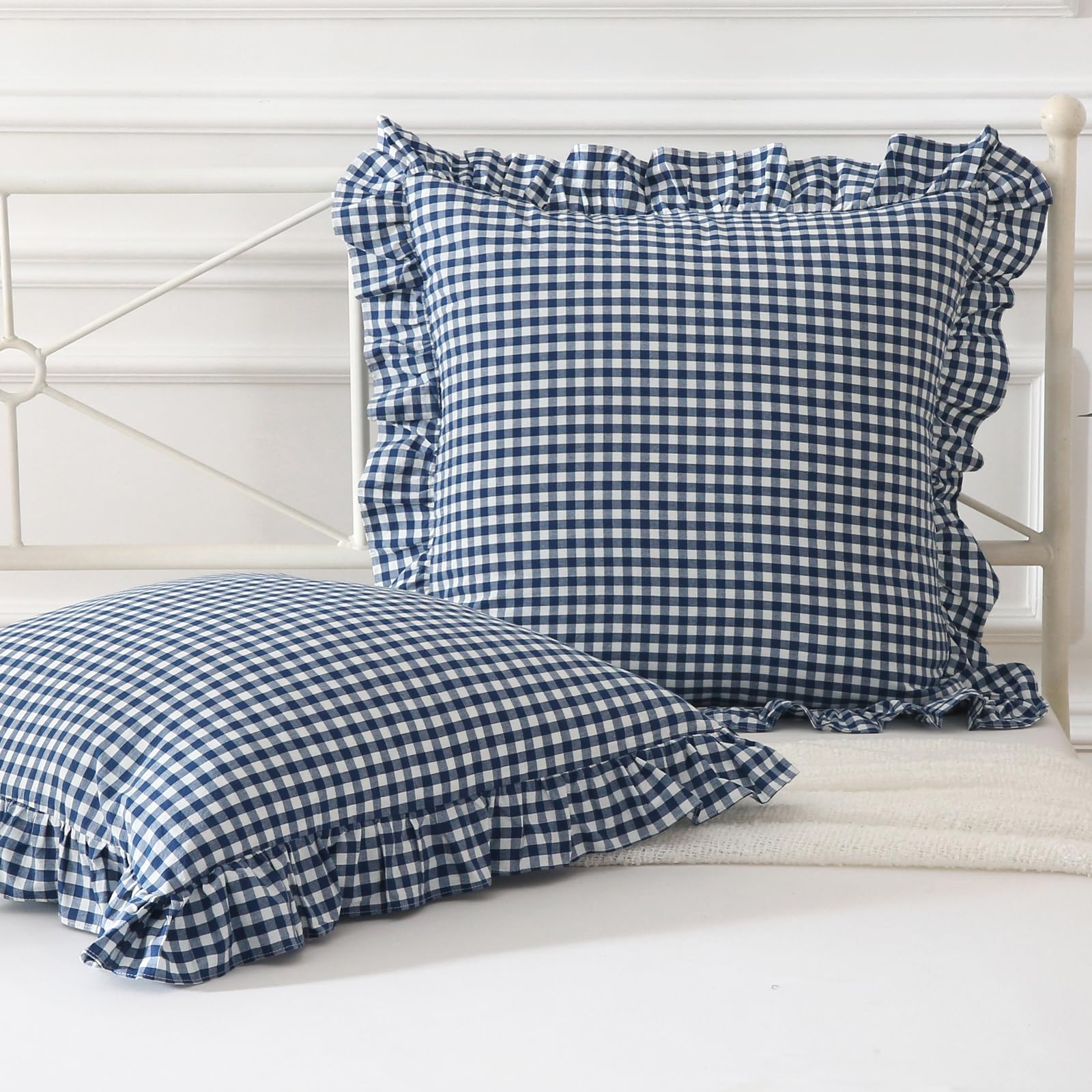 Mywinlle Navy Blue Plaid Ruffle Throw Pillow Covers Pillow Shams 20''X20'',2 Pack Vintage Checkered Decorative Washed Cotton Pil