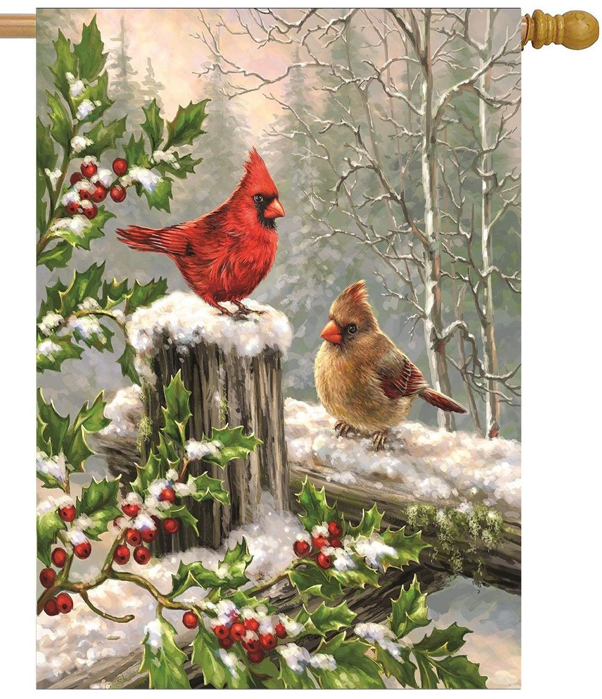 Wamika Spring House Flags 28 X 40 Double Sided, Cardinal Red Bird Holly Berry Branches Snow Welcome Winter Holiday Yard Outdoor