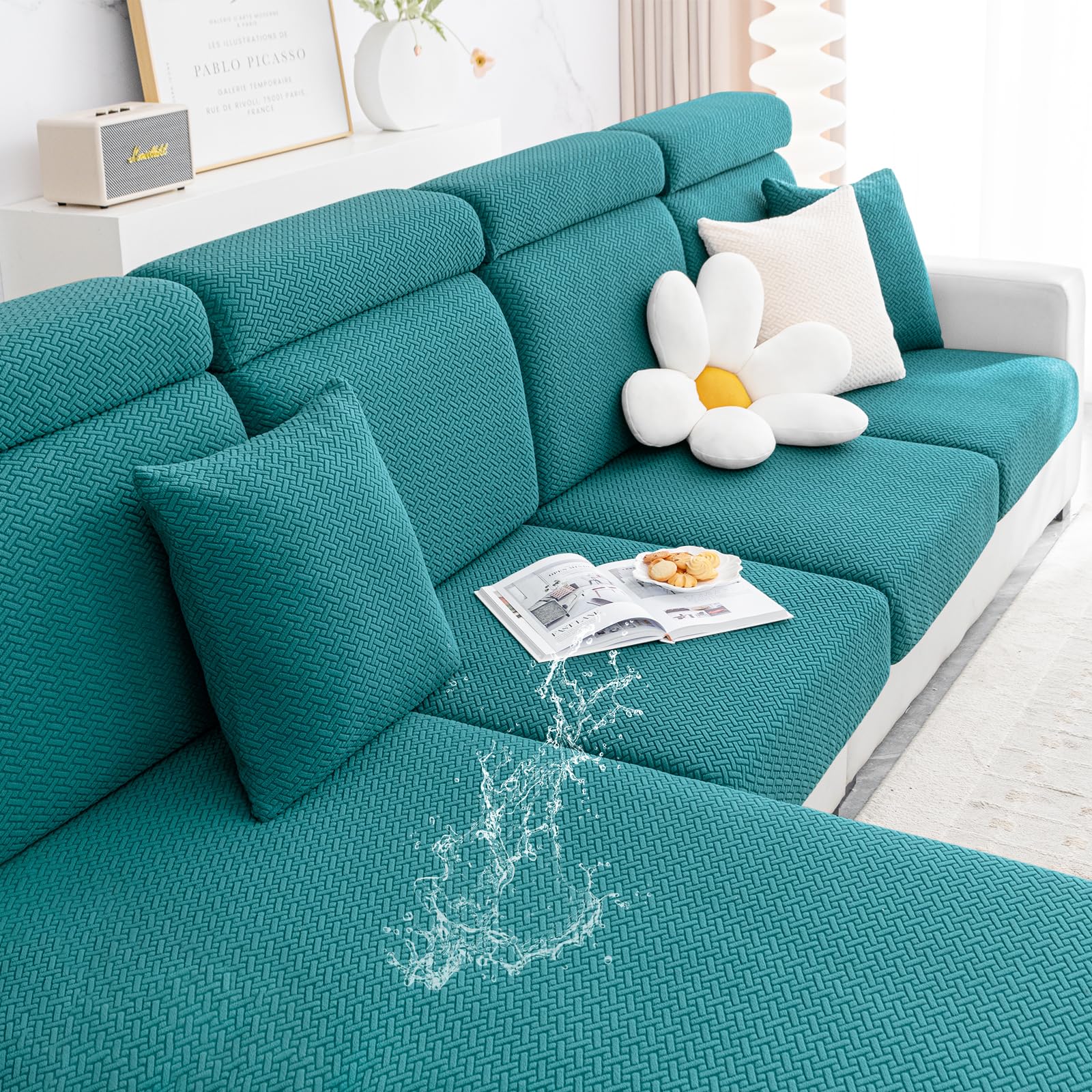 Smiry Waterproof Couch Cushion Covers, Stretch Jacquard Sectional Couch Covers, L Shape Chaise Lounge Sofa Slipcover, Washable Elastic Furniture Protector For Pets, Kid (Chaise Cover, Peacock Green)