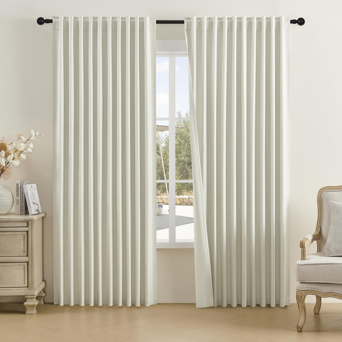 Dualife Natural Birch Linen Curtains 96 Inch Length-Back Tab Pocket Pleated Room Darkening Curtains For Bedroom Dining Room,Pati