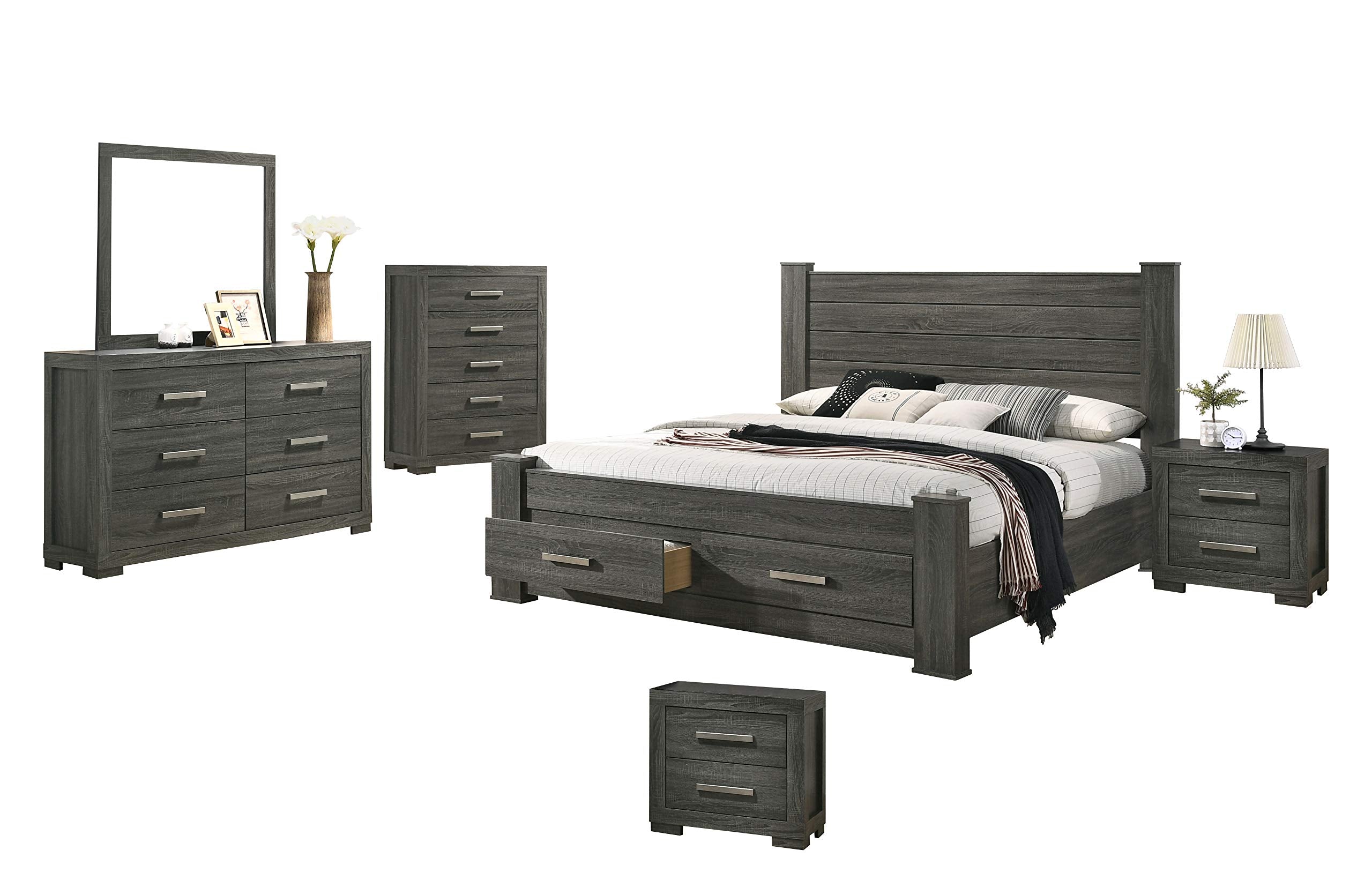 Best Quality Furniture 6Pc Queen Bed + Dresser + Mirror + 2 Nightstands + Chest, Weathered Gray