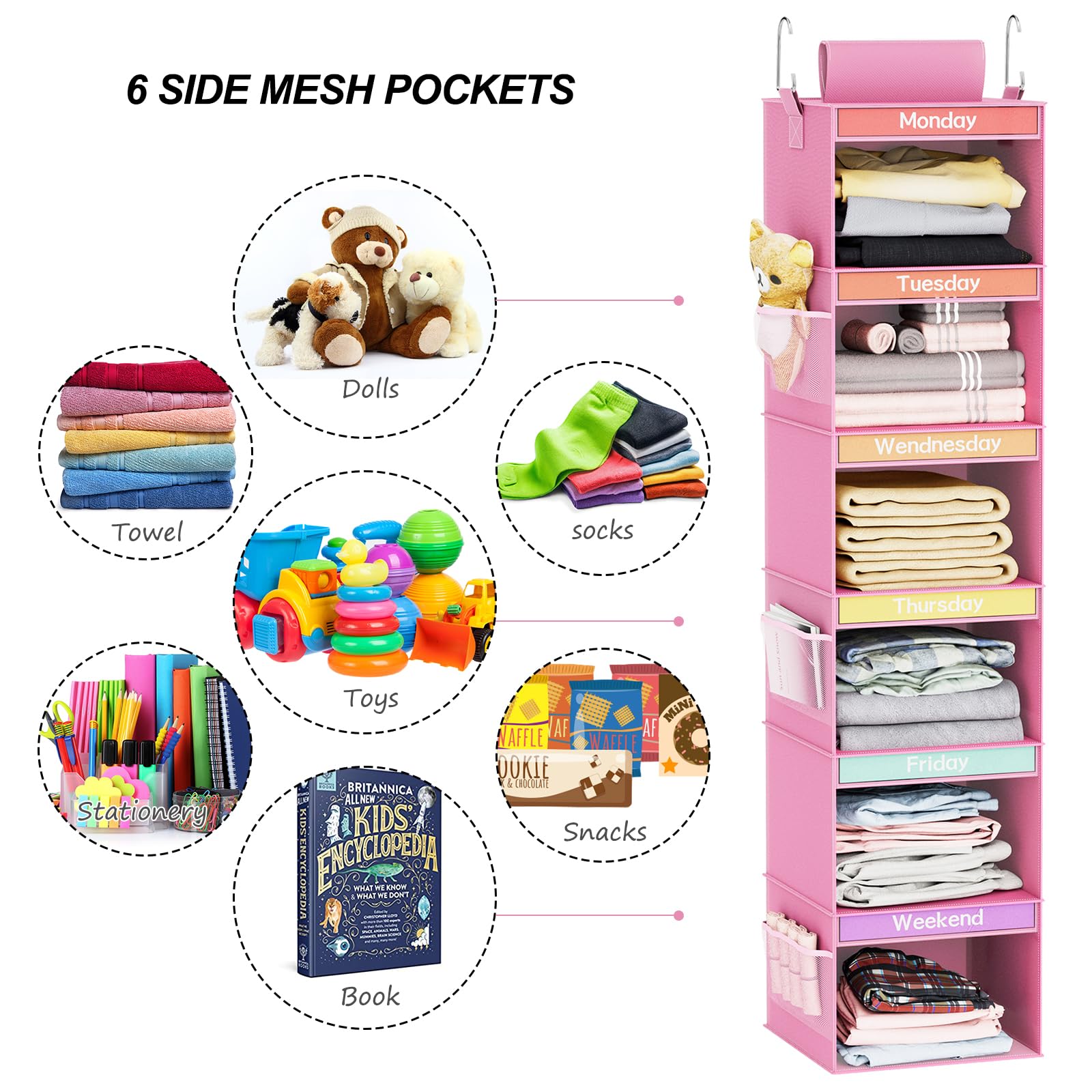 Fixwal 6-Shelf Weekly Clothes Organizer For Kids, Kids Daily Shelf Hanging Closet Organizer With 6 Side Pockets, Days Of The Wee