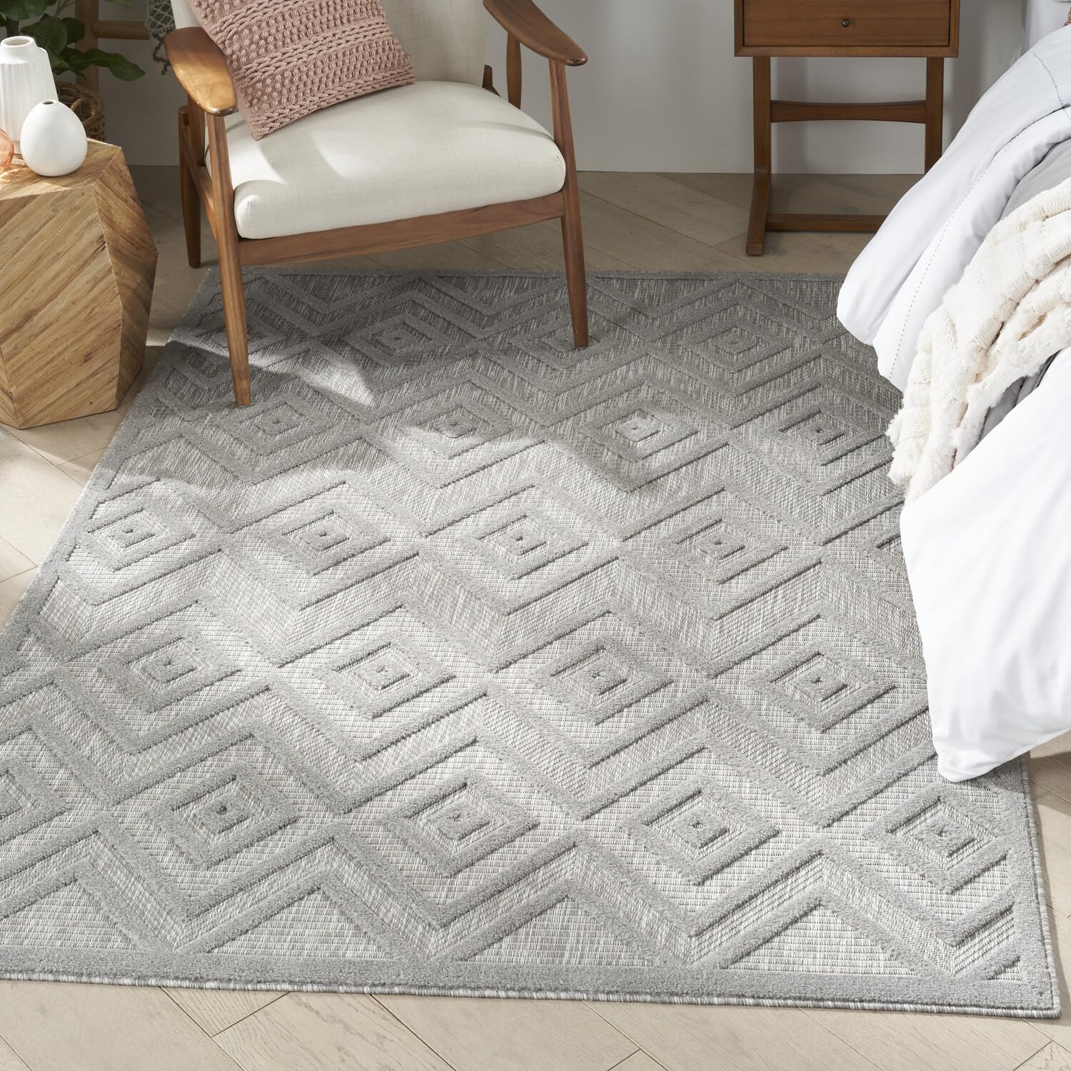 Nourison Versatile Indoor/Outdoor Silver Grey 5' X 7' Area-Rug, Easy-Cleaning, Non Shedding, Bed Room, Living Room, Dining Room,