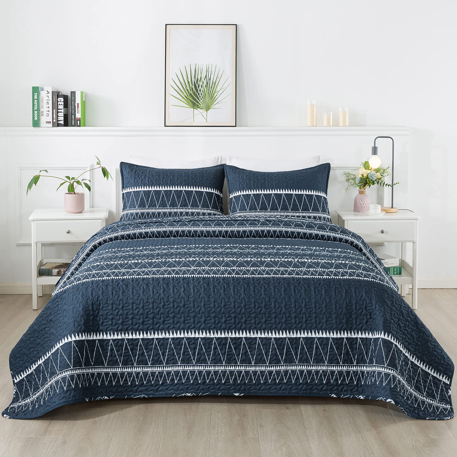Andency Navy Blue Quilt Set Oversized King (118X120 Inch), 3 Pieces(1 Striped Triangle Printed Quilt And 2 Pillowcases), Bohemian Summer Lightweight Reversible Microfiber Bedspread Coverlet Sets