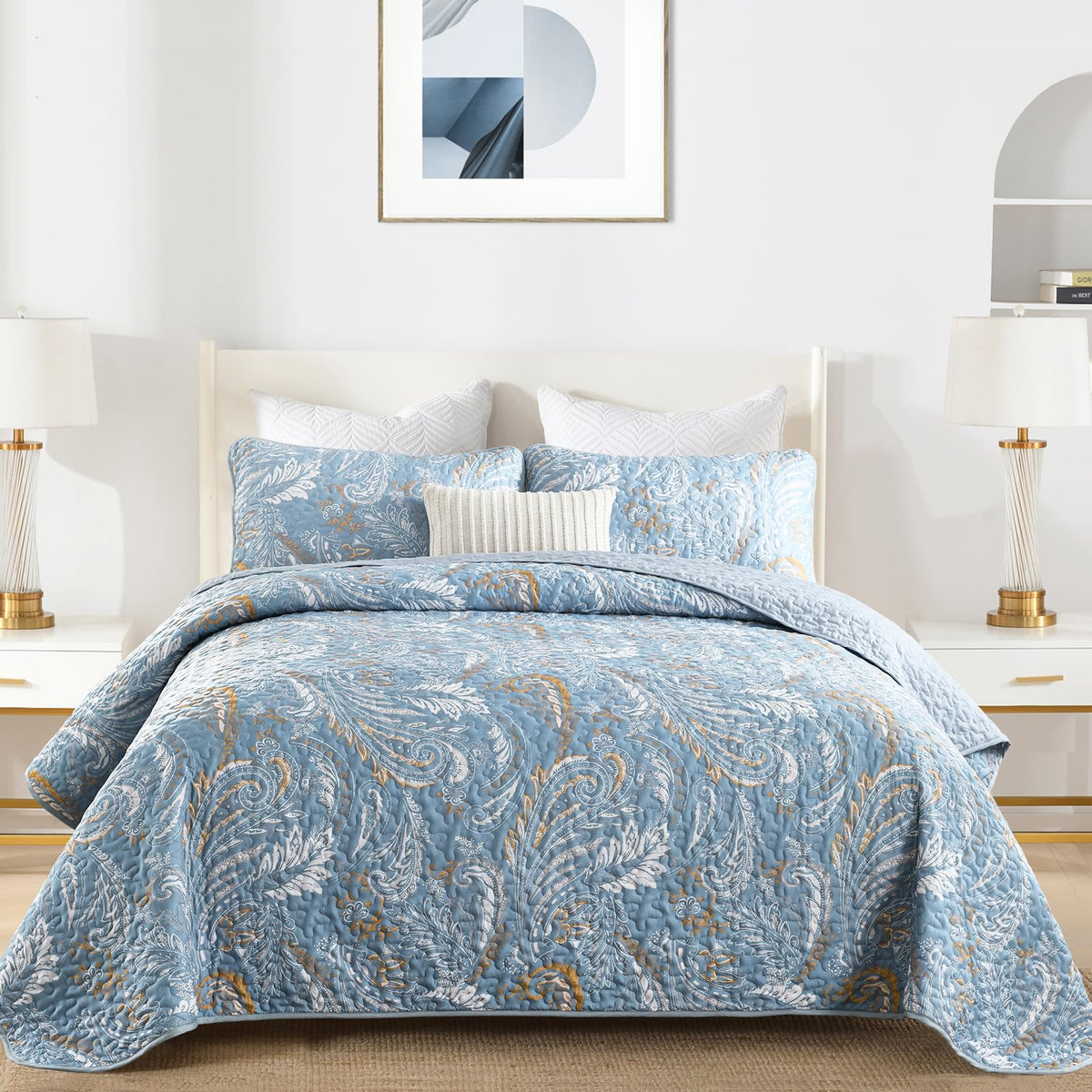 Wongs Bedding Boho Quilt Set Queen,3 Pieces Blue Paisley Pattern Summer Bedspread Coverlet Set,Lightweight Microfiber Bohemian B