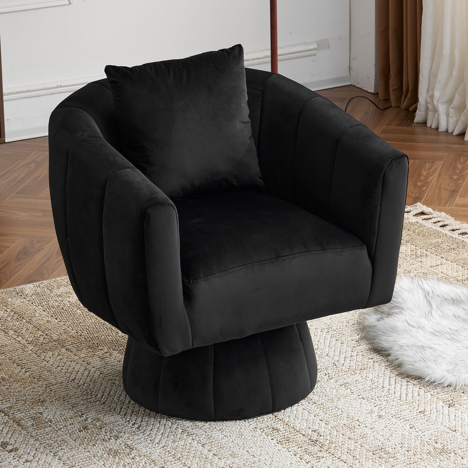 Karl home 360 Swivel Accent Chair, Modern Velvet Fabric Living Room Armchair with Fluffy Cushions, Comfy Wide Upholstered, Barre