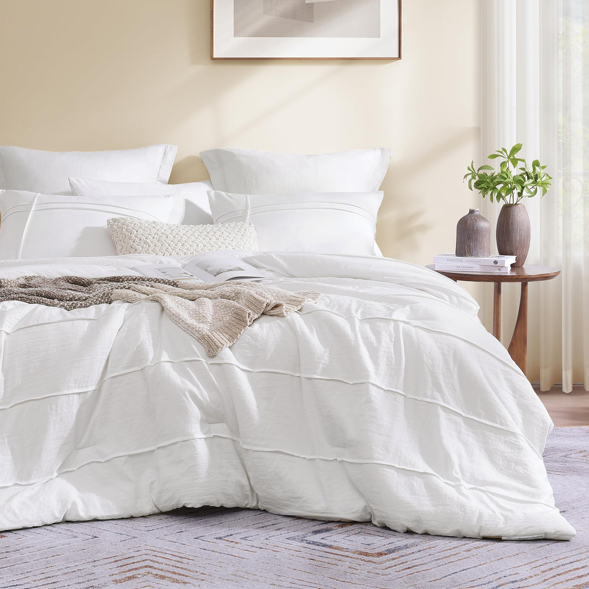 Amberspace Boho King Size Comforter Set, White Pinch Pleat King Size Bed Set,3 Piece King Size Bedding Set,Warm Fluffy King Bed