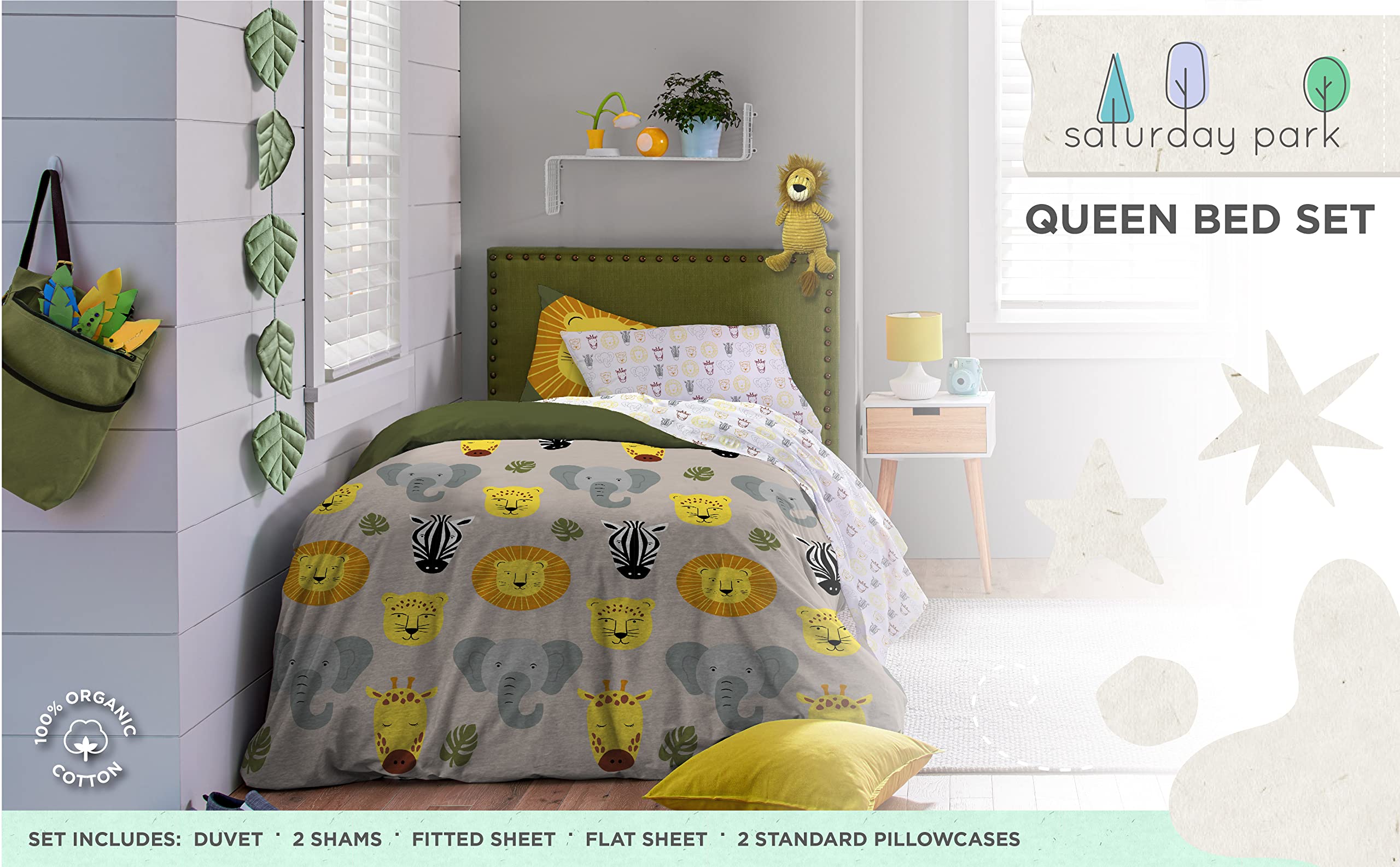 Saturday Park Safari Friends Queen Bed Set - 7 Piece 100% Organic Cotton Animals Bedding - Gots & Oeko-Tex Certified