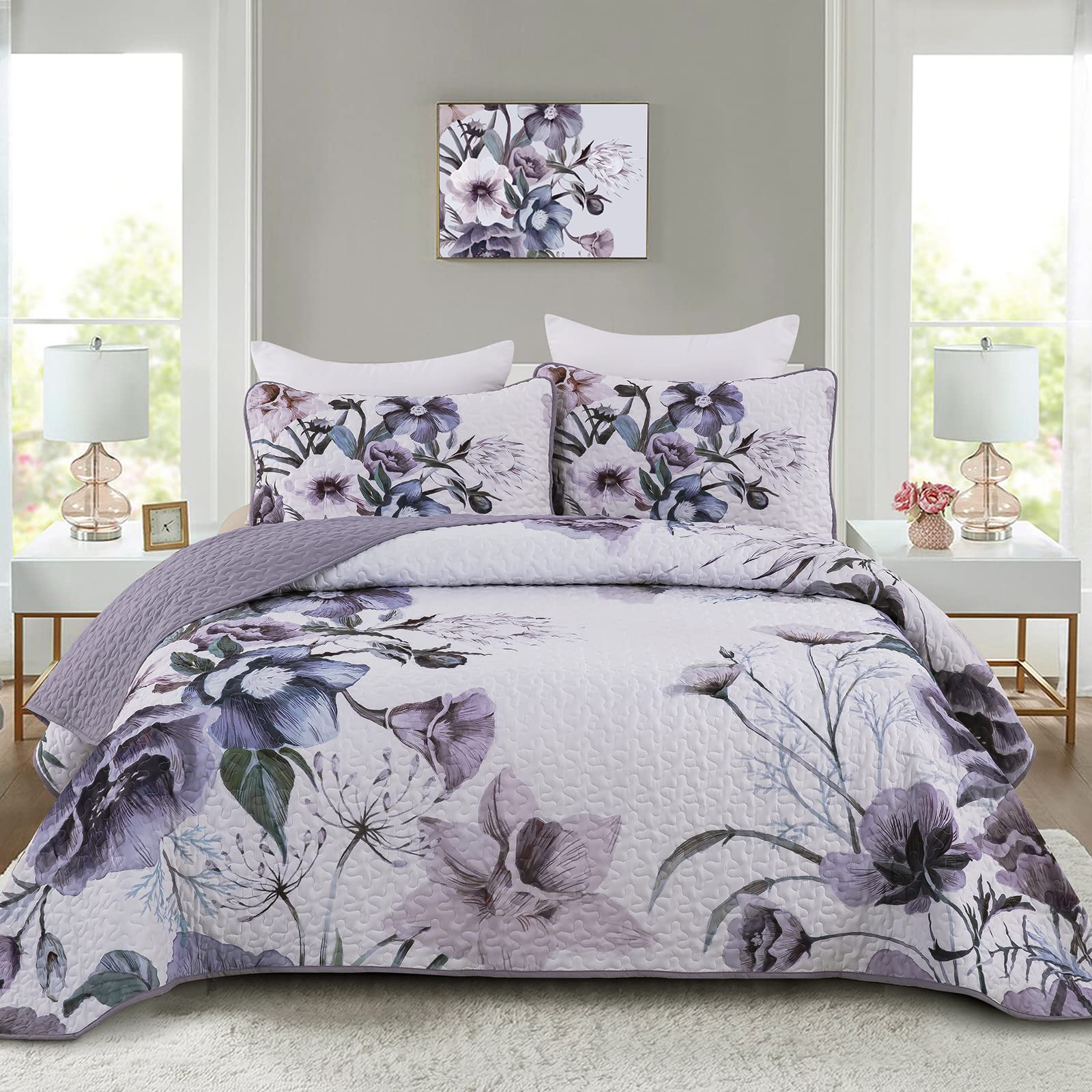 Drucon Floral Quilt Set Queen 3 Pieces Boho Purple Quilt Coverlet Set Soft Microfiber Lightweight Purple Floral Quilted Bedsprea