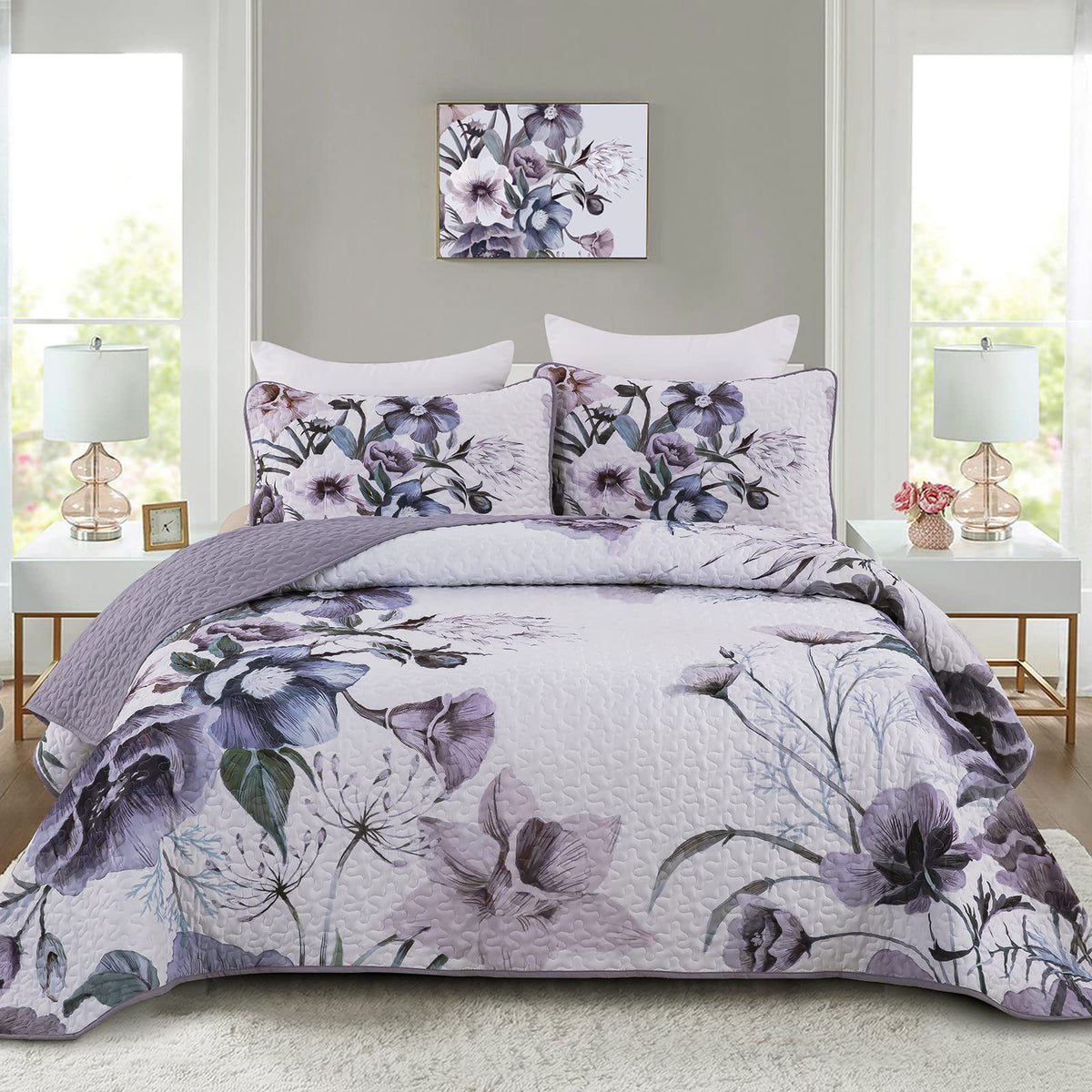 3 Pieces Floral Quilt Set Full Purple Flower Pattern Quilt Coverlet Set Soft Microfiber Lightweight Boho Purple Floral Quilted B