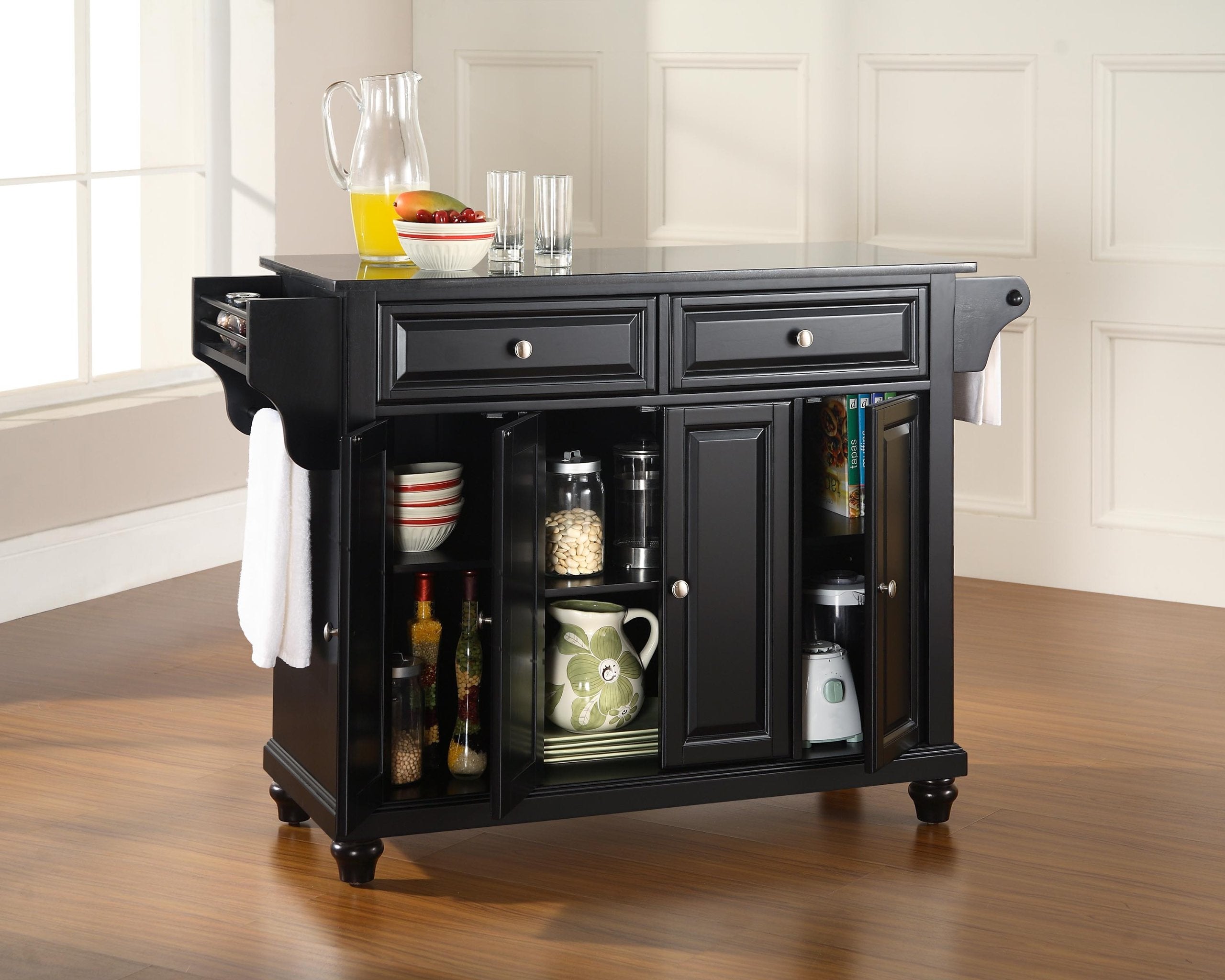 Crosley Furniture Cambridge Granite Top Rolling Kitchen Island Storage Cart, Microwave Stand, Spice Rack, Black