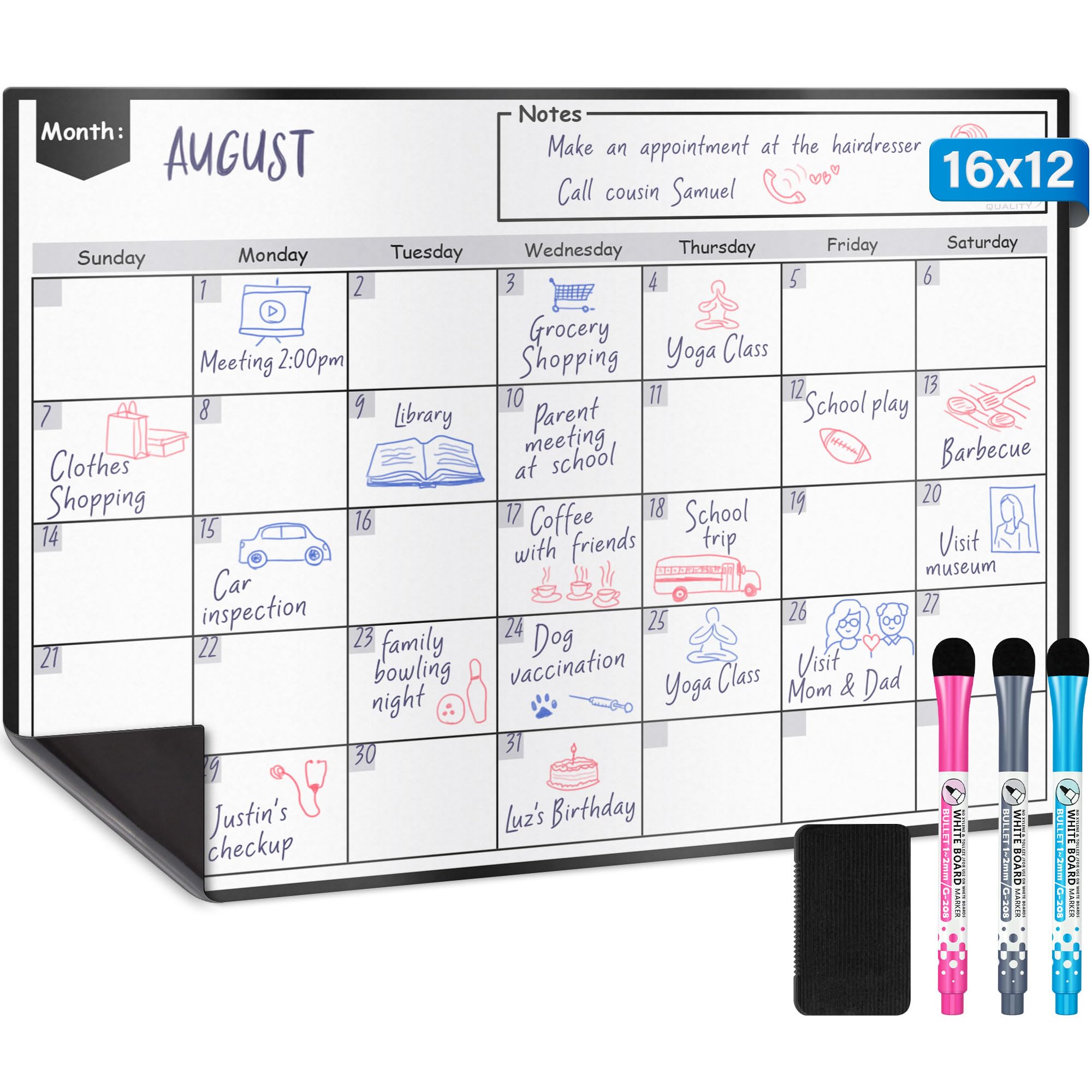 Magnetic Dry Erase Whiteboard Calendar For Fridge (16 X 12   ), Refrigerator White Board Sheet W/ 3 Colorful Markers & Eraser, M