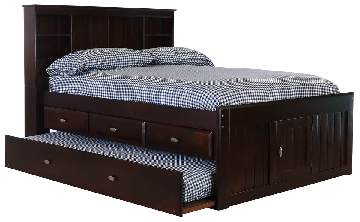 OS Home and Office Furniture Model 82921K3-22 Full Size Bookcase Bed with Three Drawers and Twin Sized Trundle in Dark Espresso