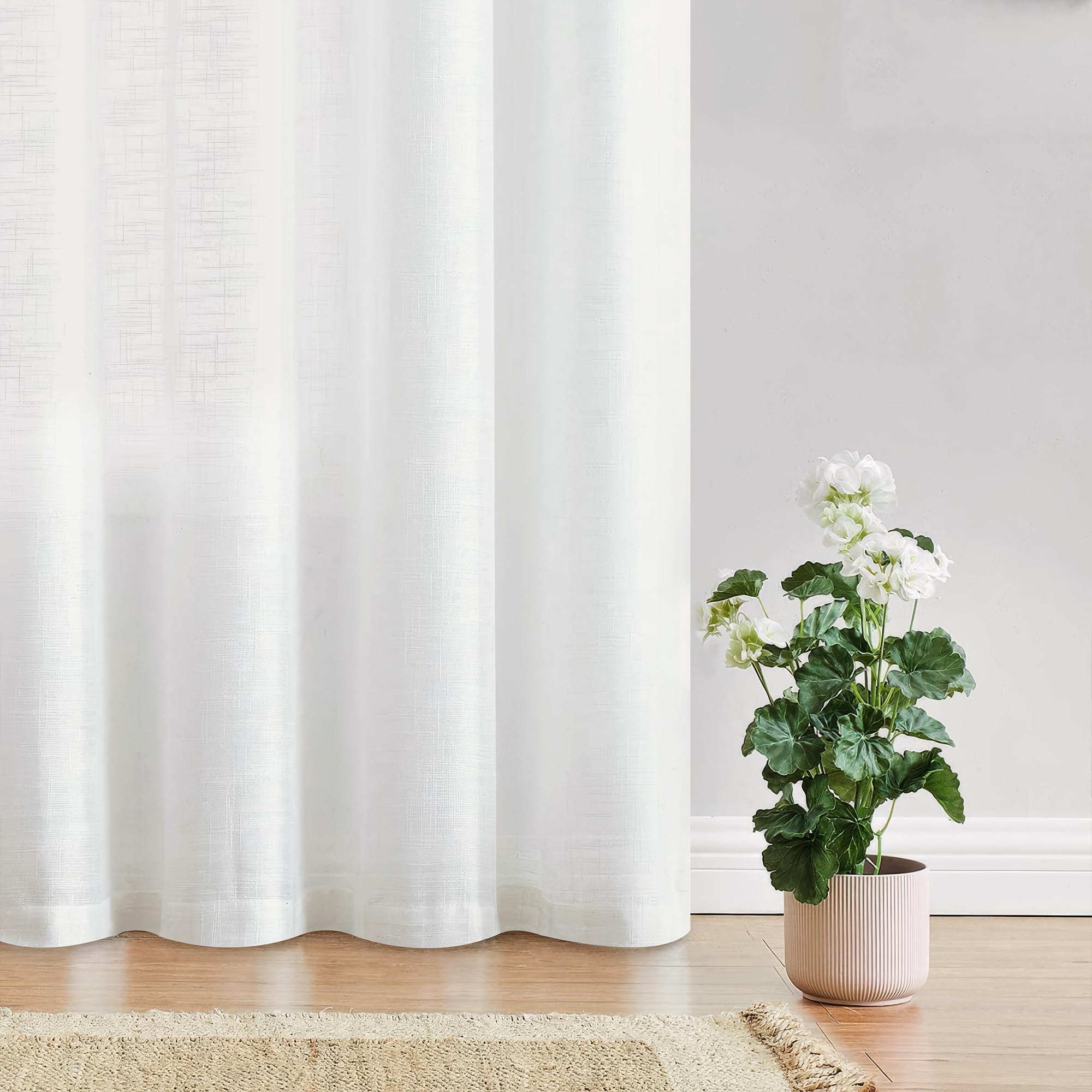Fmfunctex Linen Semi Sheer White Curtains For Bedroom Living Room, Curtain Panels 63 Inch Length Sheer Linen Textured Window Dra