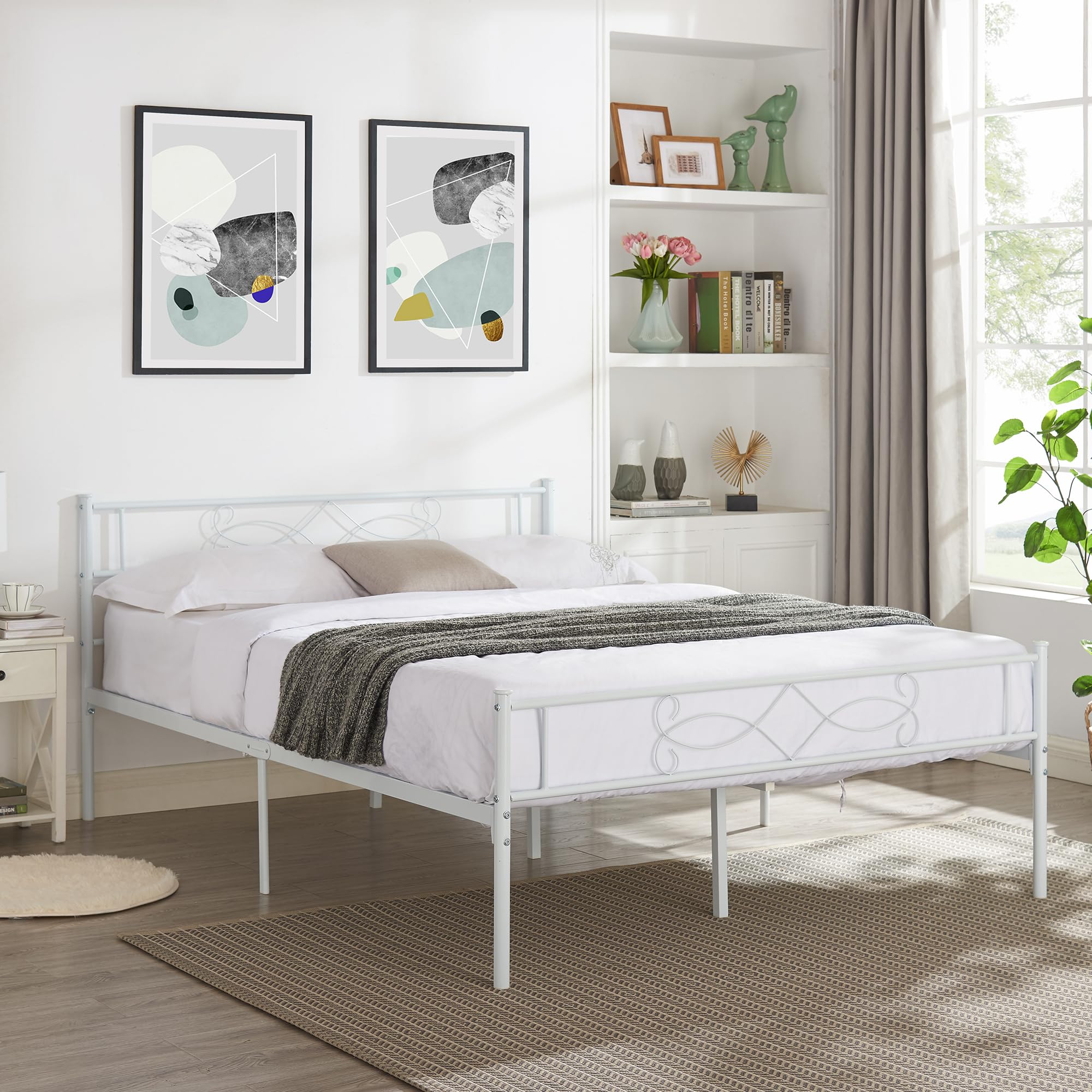 Vecelo 14' Queen Size White Metal Platform Bed Frame With Headboard,Premium Steel Slat Support/No Box Spring Needed/Noise-Free/Easy Assembly