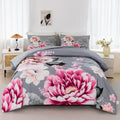 Rynghipy Grey Bed Comforter Set King Size 3 Pieces Pink Flowers Printed Bedding Set Soft Microfiber Comforter Sets With 1 Comfor