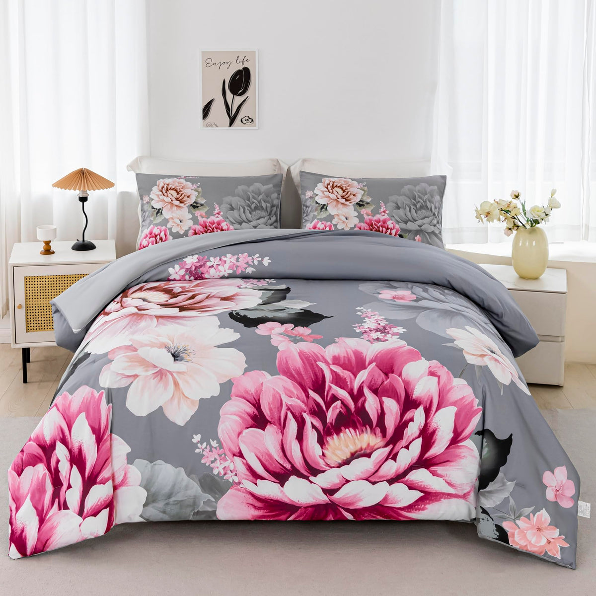 Rynghipy Grey Bed Comforter Set Queen Size 3 Pieces Pink Flowers Printed Bedding Set Soft Microfiber Comforter Sets With 1 Comfo