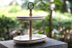 Lavender Inspired Farmhouse 2 Tiered Tray, Distressed Wood Beaded 2 Tiered Tray Stand With Metal Handle, Kitchen Island Decor, C