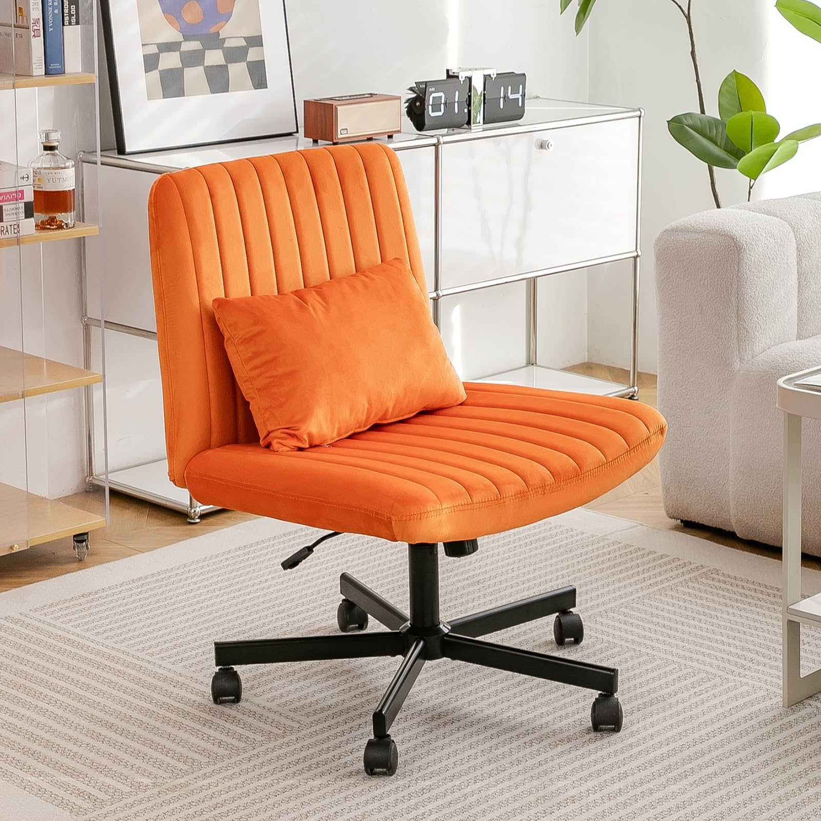 Purgreen Criss Cross Chair, Office Chair Cross Legged With Wheels, Armless Office Chair, Velvet Desk Chairs With Wheels For Home