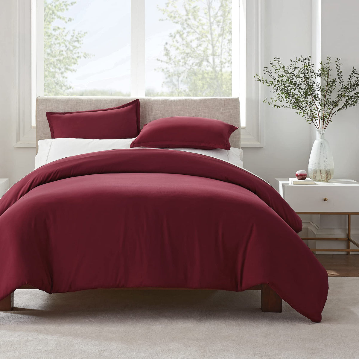 Serta Simply Clean Ultra Soft Hypoallergenic Stain Resistant 2 Piece Solid Duvet Cover Set, Burgundy, Twin/Twin Xl