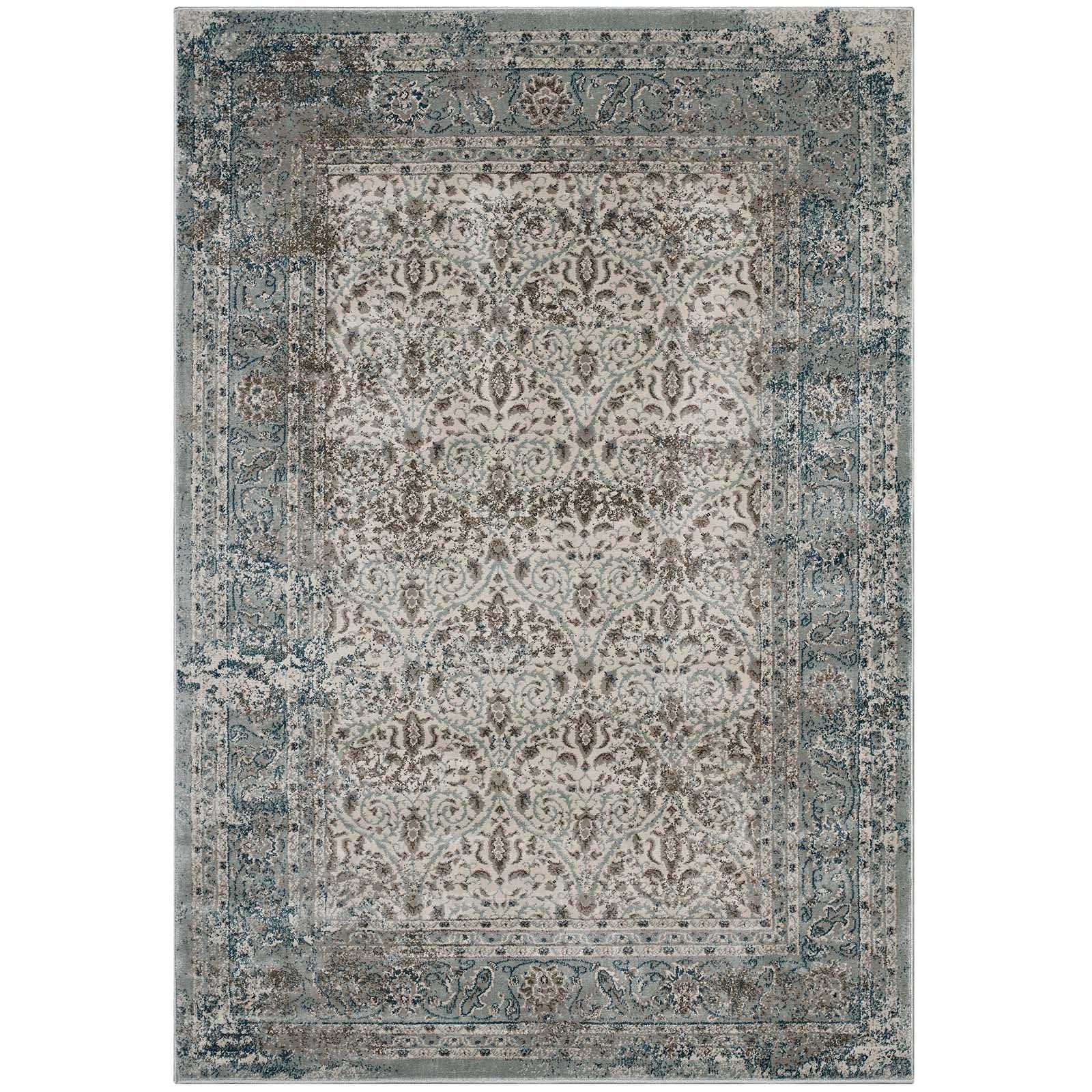 Modway Dilys Distressed Vintage Floral Lattice 8X10 Area Rug In Teal, Brown And Beige