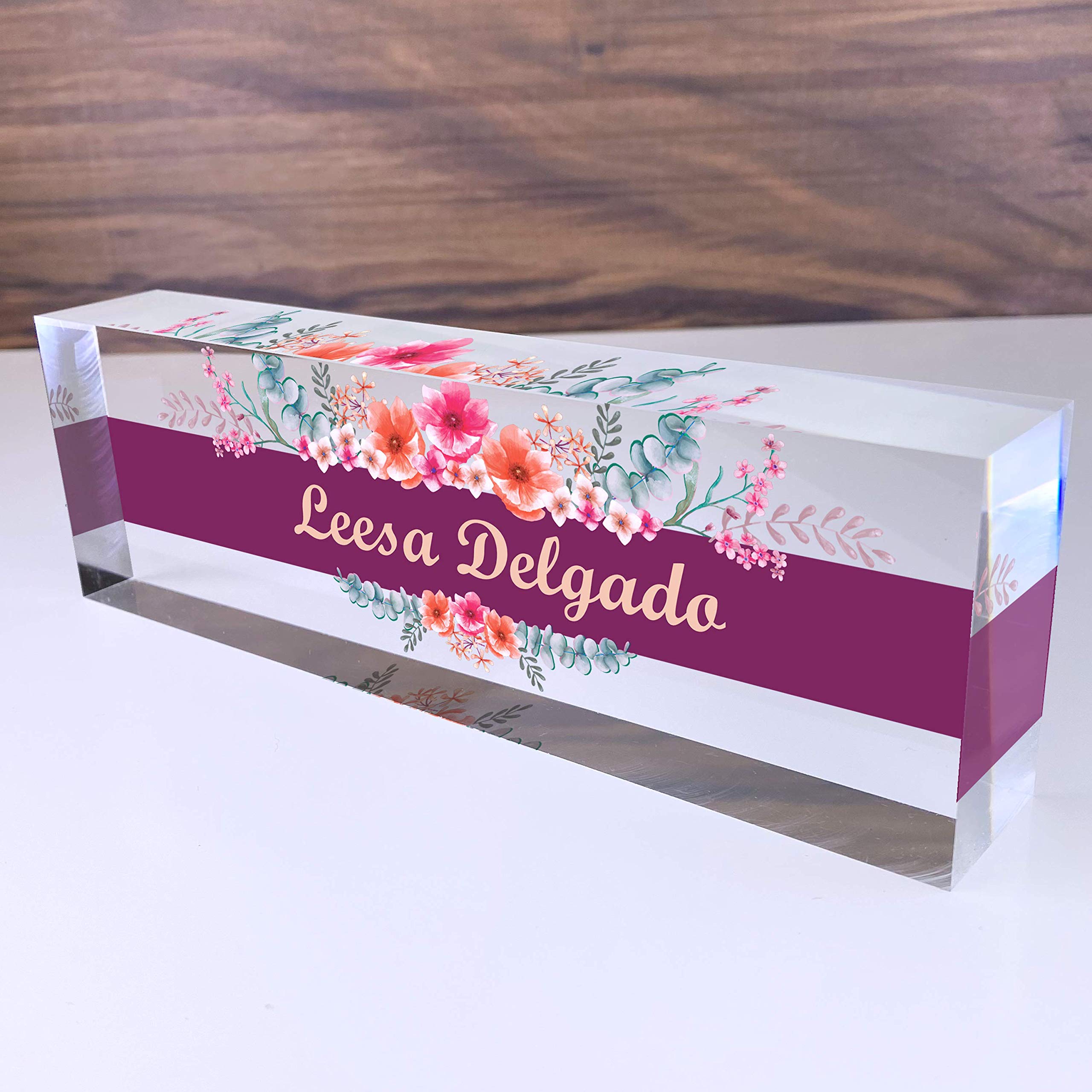 Artblox Office Desk Name Plate Personalized | Custom Name Plates For Desks | Wild Flowers Design On Clear Acrylic Glass | Office