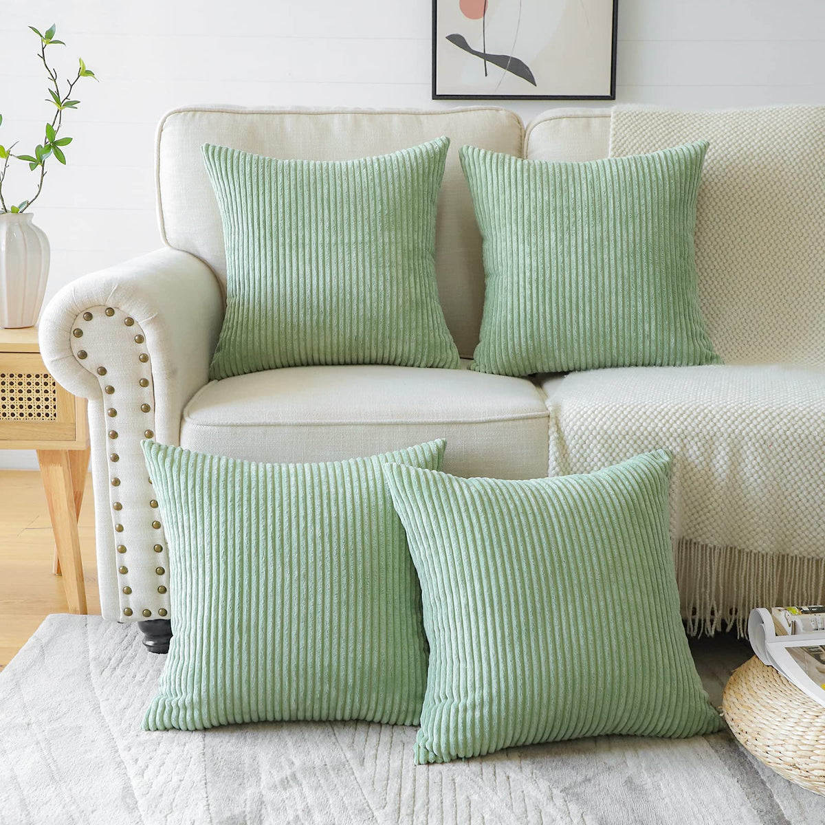 Otostar Set Of 4 Sage Green Soft Striped Corduroy Decorative Throw Pillow Covers 18X18 Inch Square Pillowcases For Sofa Car Pati