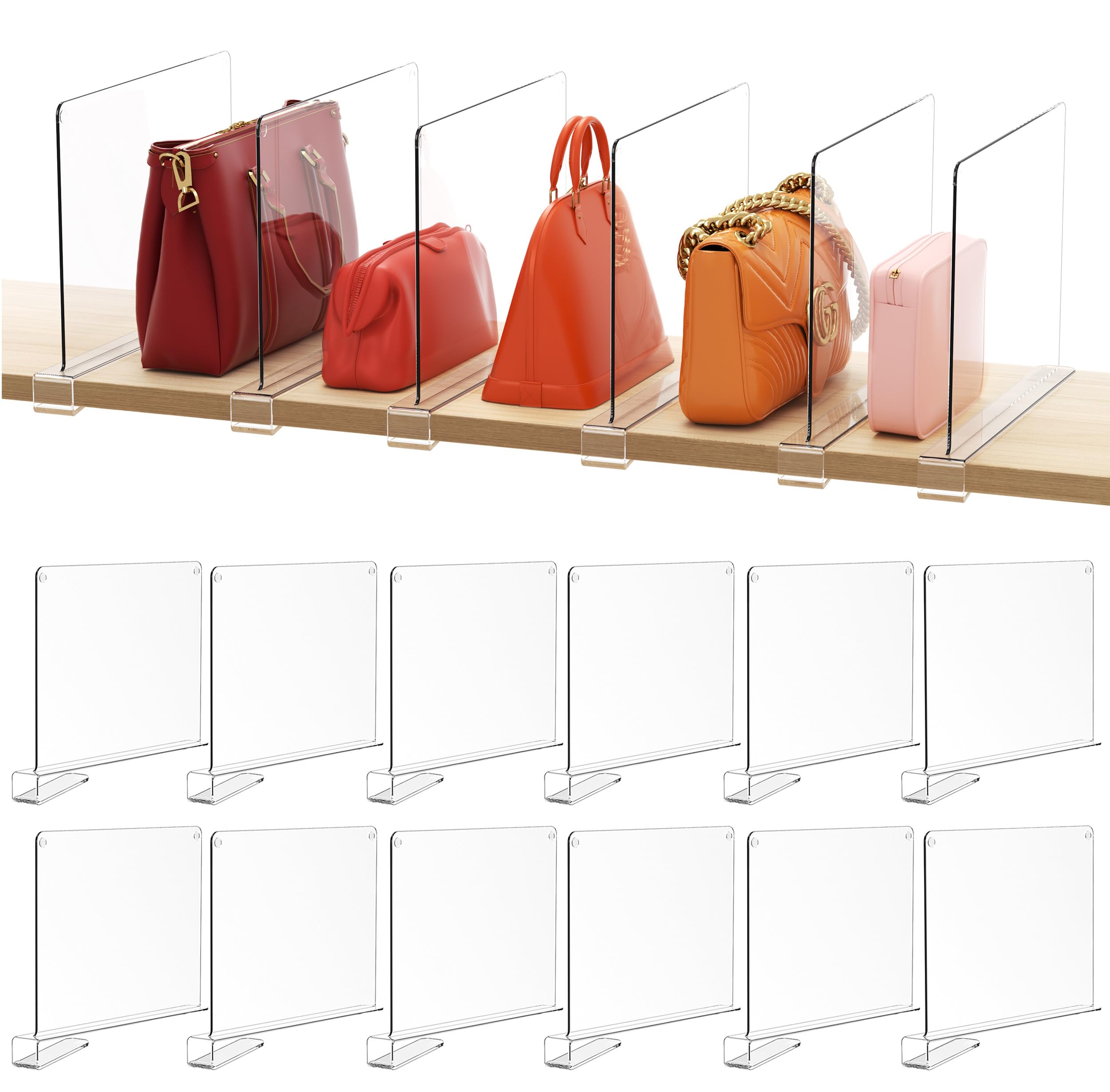 HBlife 12 Pack Clear Shelf Dividers, Vertical Purse Organizer for Closet Perfect for Sweater, Shirts, Handbags in Bedroom and Ki