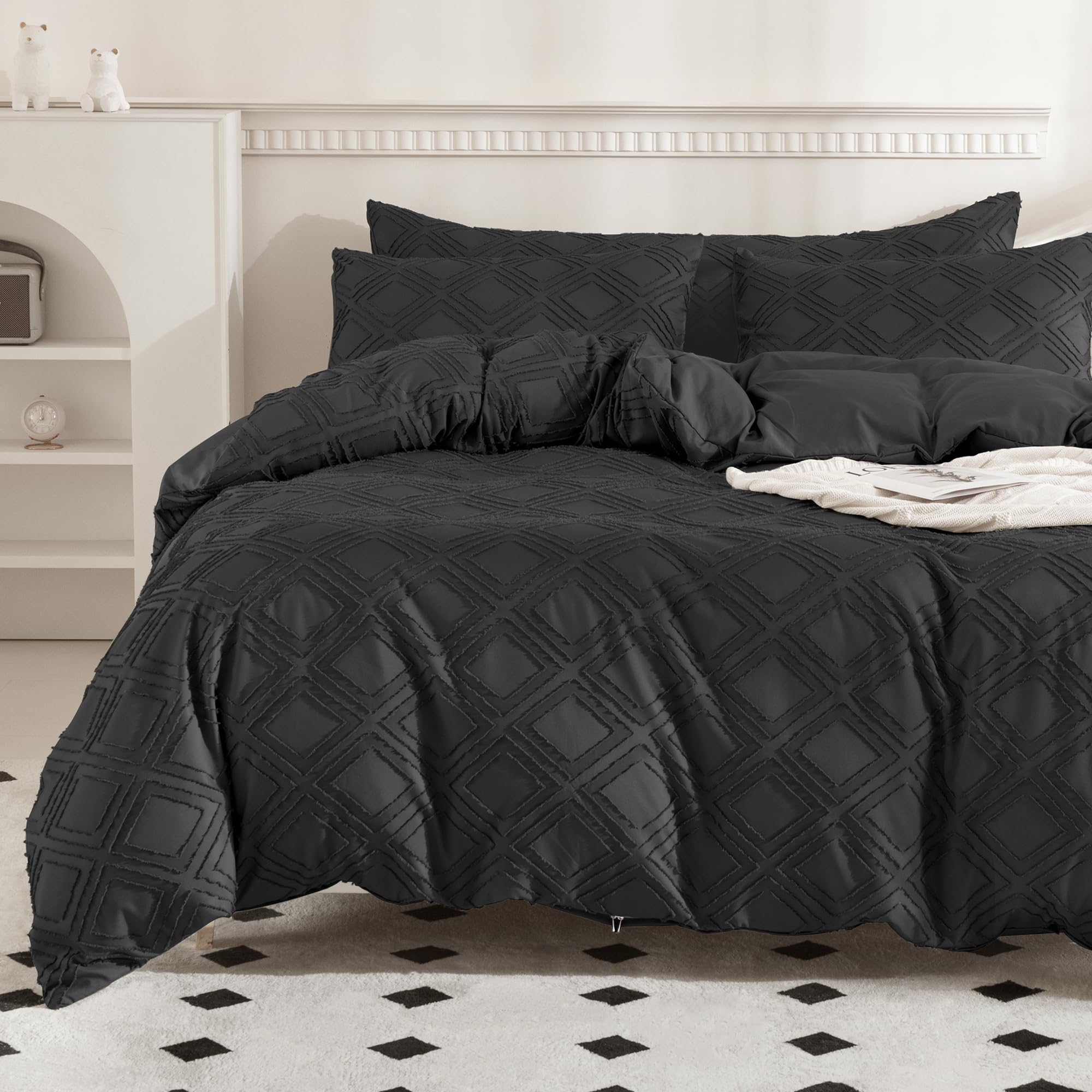 Jellymoni Duvet Cover Queen Size - Black Microfiber Tufted Duvet Cover Set, Boho Textured Duvet Cover Jacquard Rhombus Geometric