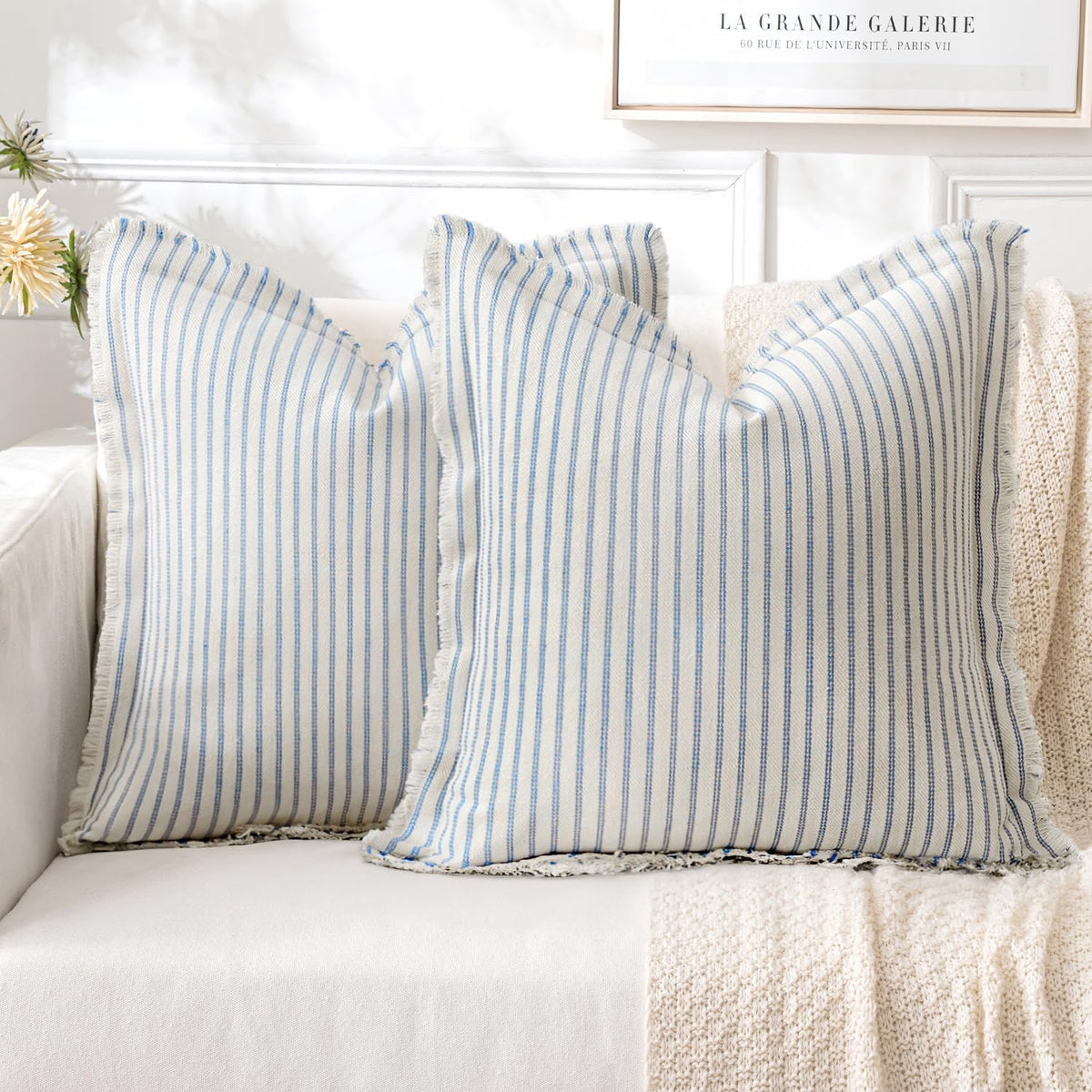 Miulee Pack Of 2 Light Blue Pillow Covers 18X18 Inch Striped Farmhouse Couch Spring Throw Pillow Covers With Fringe Chic Cotton