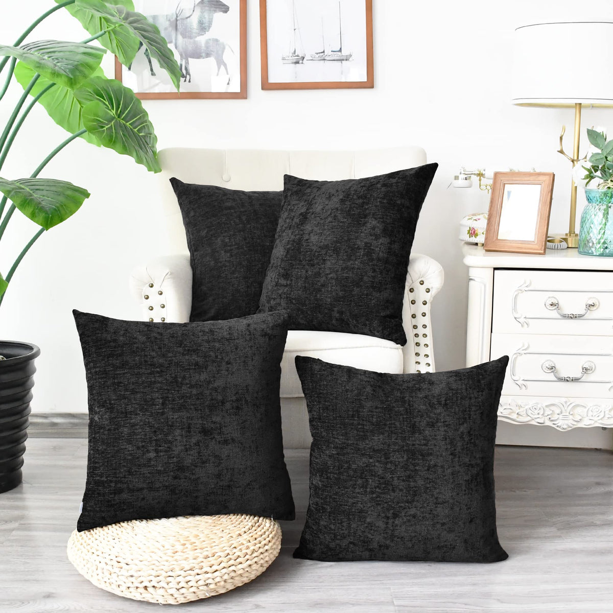 Calitime Pack Of 4 Cozy Throw Pillow Covers Cases For Couch Sofa Home Decoration Solid Dyed Soft Chenille 18 X 18 Inches Black