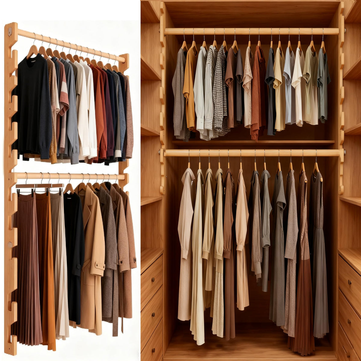 Closet Rods Wooden for Hanging Clothes, Clothes Hanging Rod with Adjustable Brackets 2 Rod,Heavy Duty 100 lbs Closet Wardrobes L