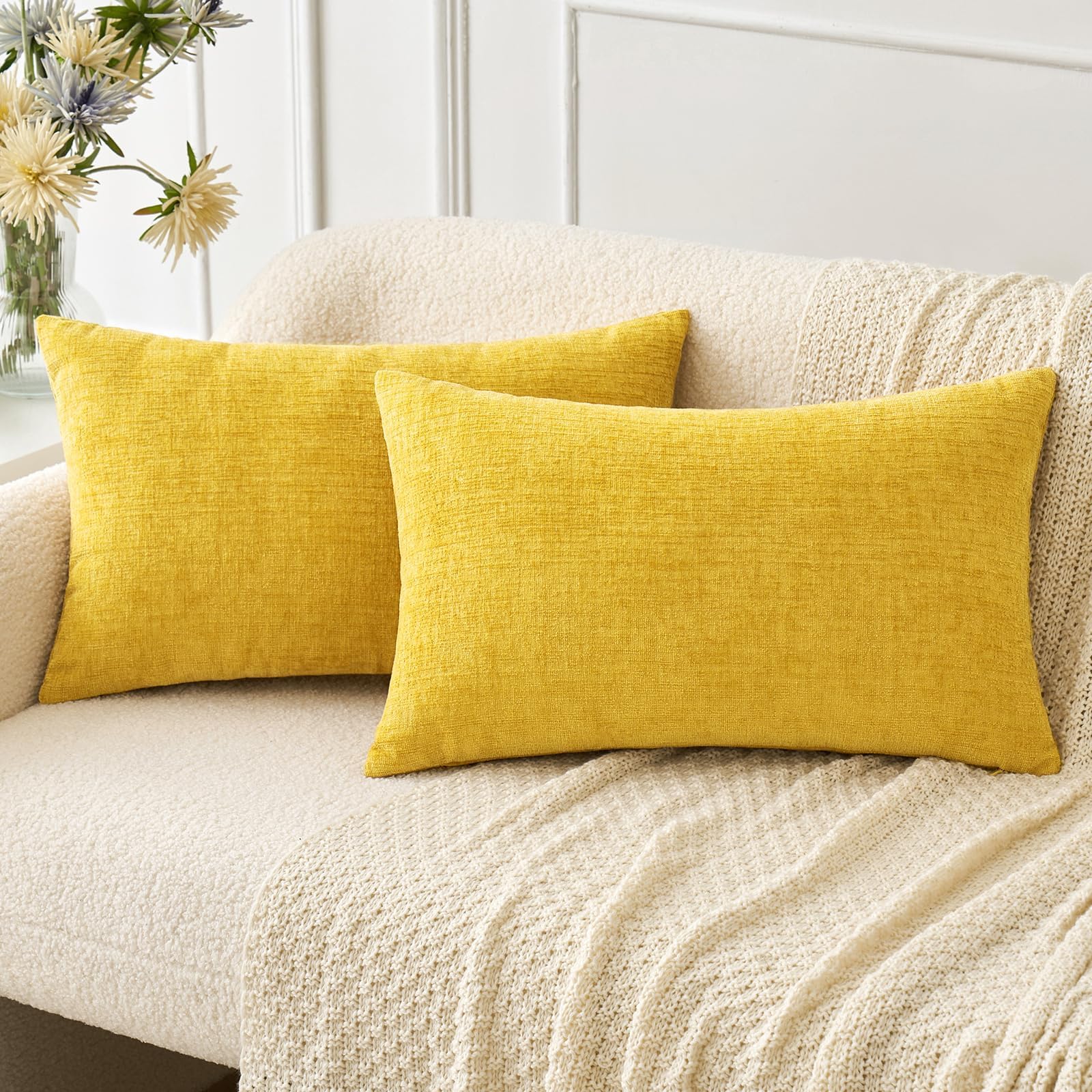 Miulee Pack Of 2 Couch Throw Pillow Covers 12X20 Inch Soft Yellow Chenille Pillow Covers For Sofa Living Room Solid Dyed Pillow