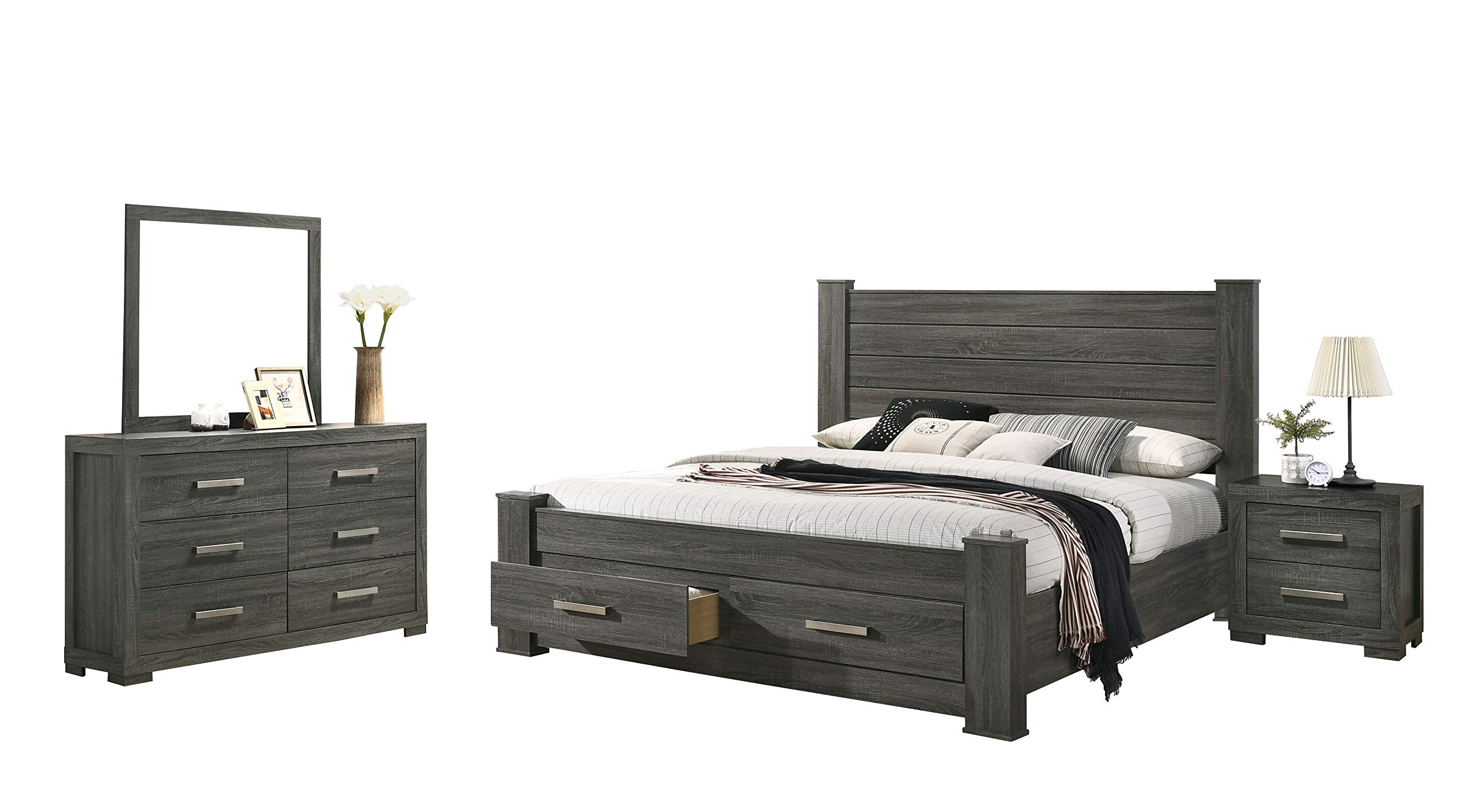 Best Quality Furniture 4Pc Queen Bed + Dresser + Mirror + Nightstand, Weathered Gray
