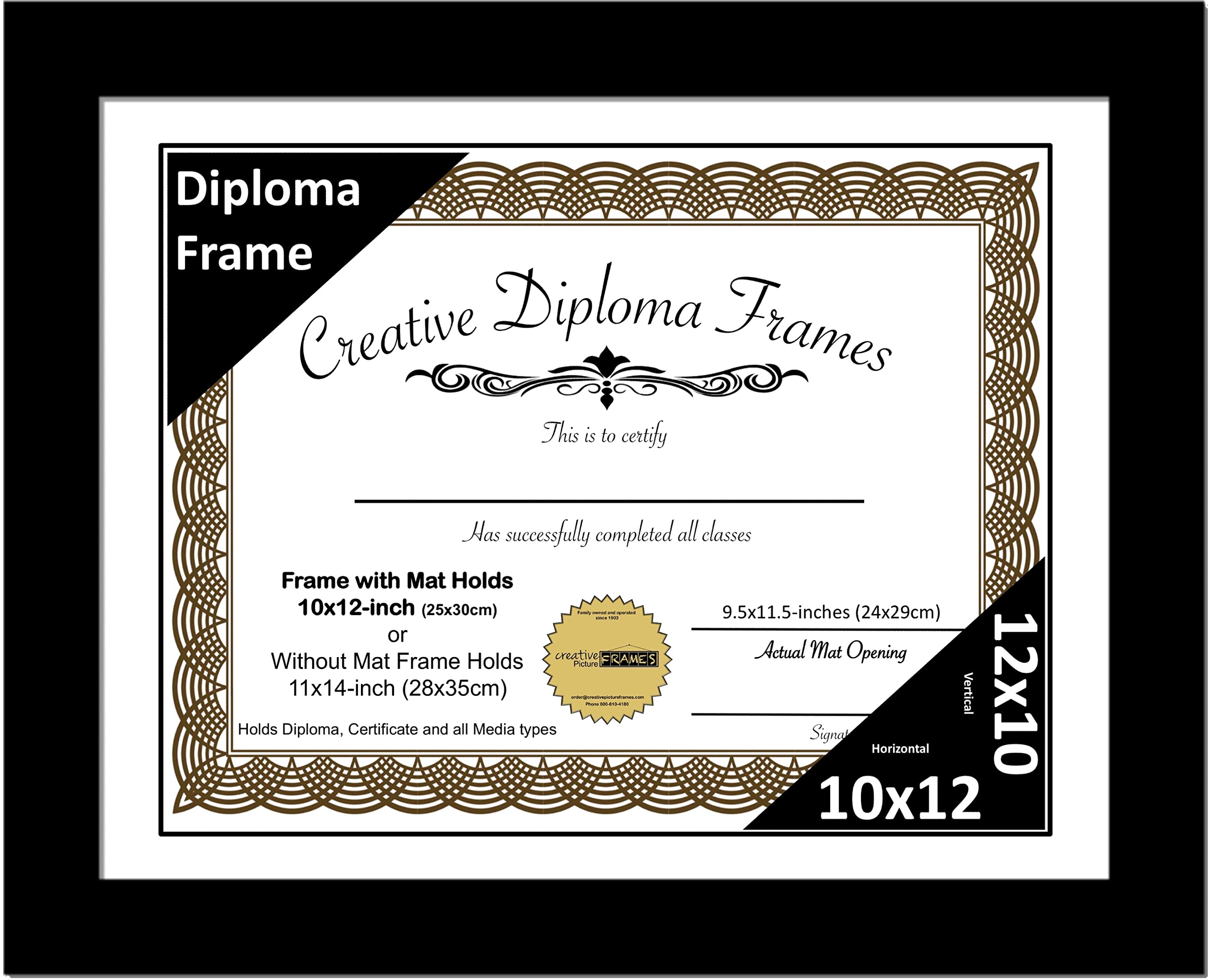 Creative Picture Frames 10x12 Classic Black Diploma Frame with White Mat Glass Easel and Installed Wall Hangers | Frame Holds 11