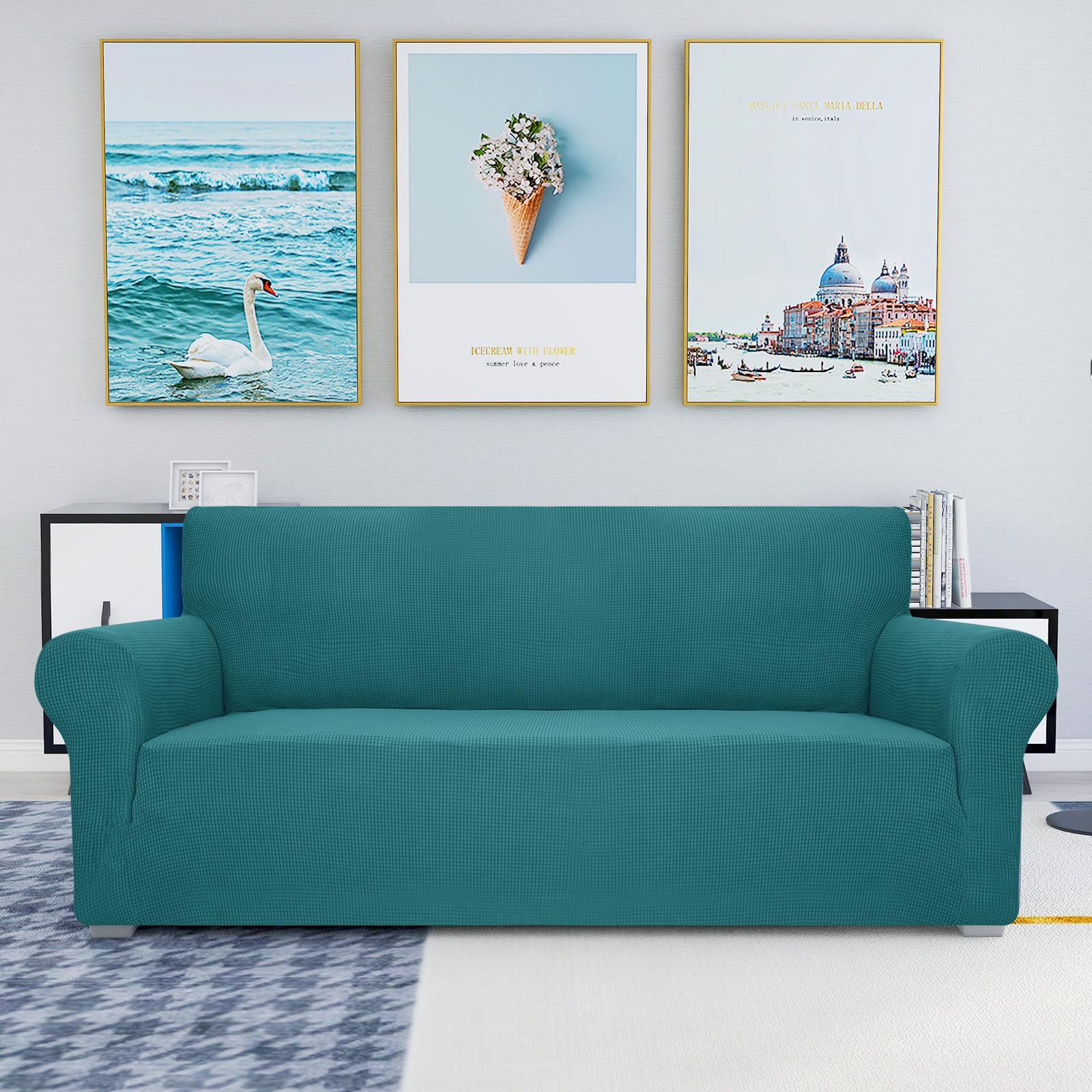 Jiviner High Stretch Couch Covers For 3 Cushion Couch 1-Piece Jacquard Elastic Sofa Slipcovers Anti Slip Sofa Cover With Elastic Bottom Furniture Protector For Kids Pets (Sofa, Blakish Green)