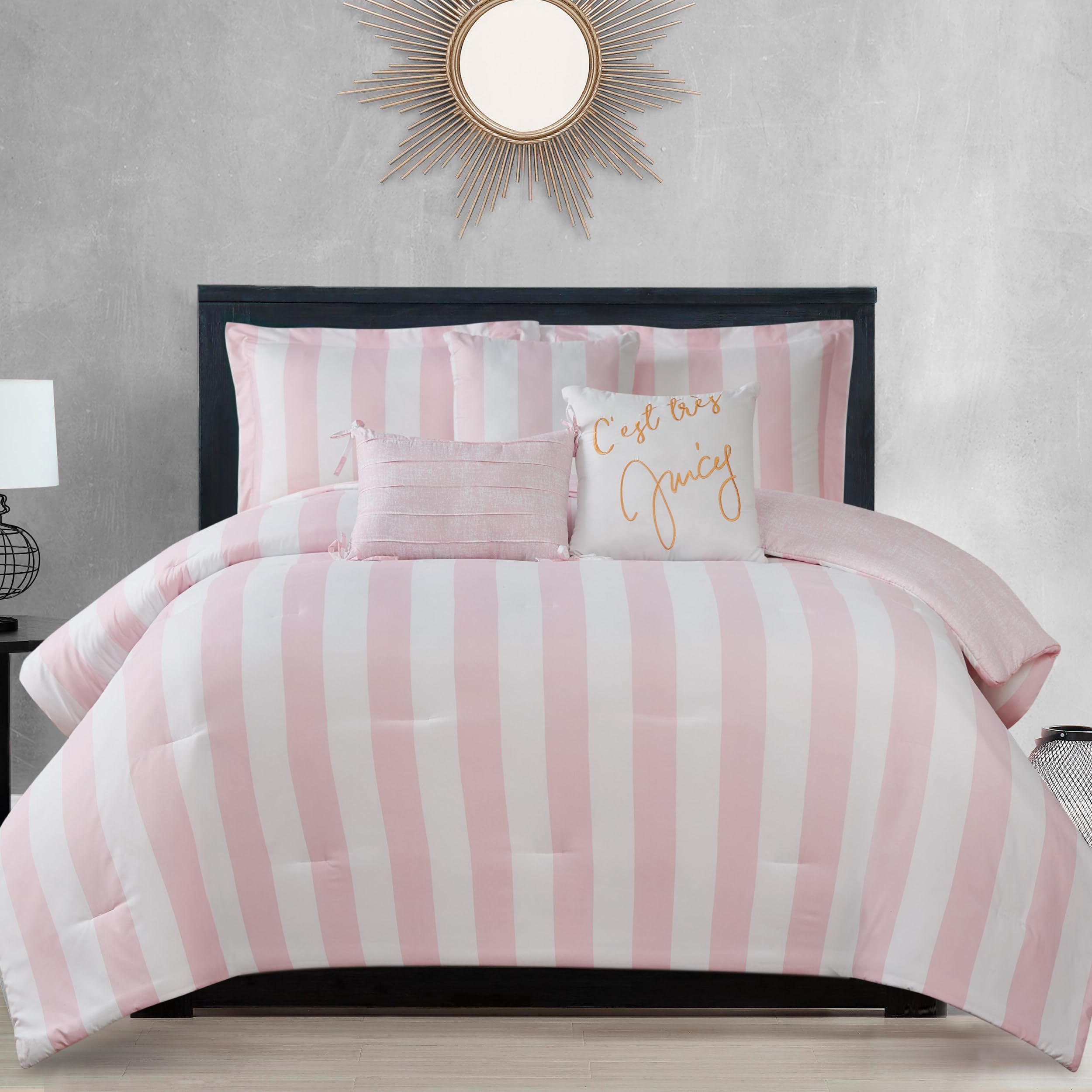 Juicy Couture Cabana Stripe Reversible Bedding Set - King Size - Dogwood Pink/White Stripe Print - 6 Piece Set - Includes 1 104'
