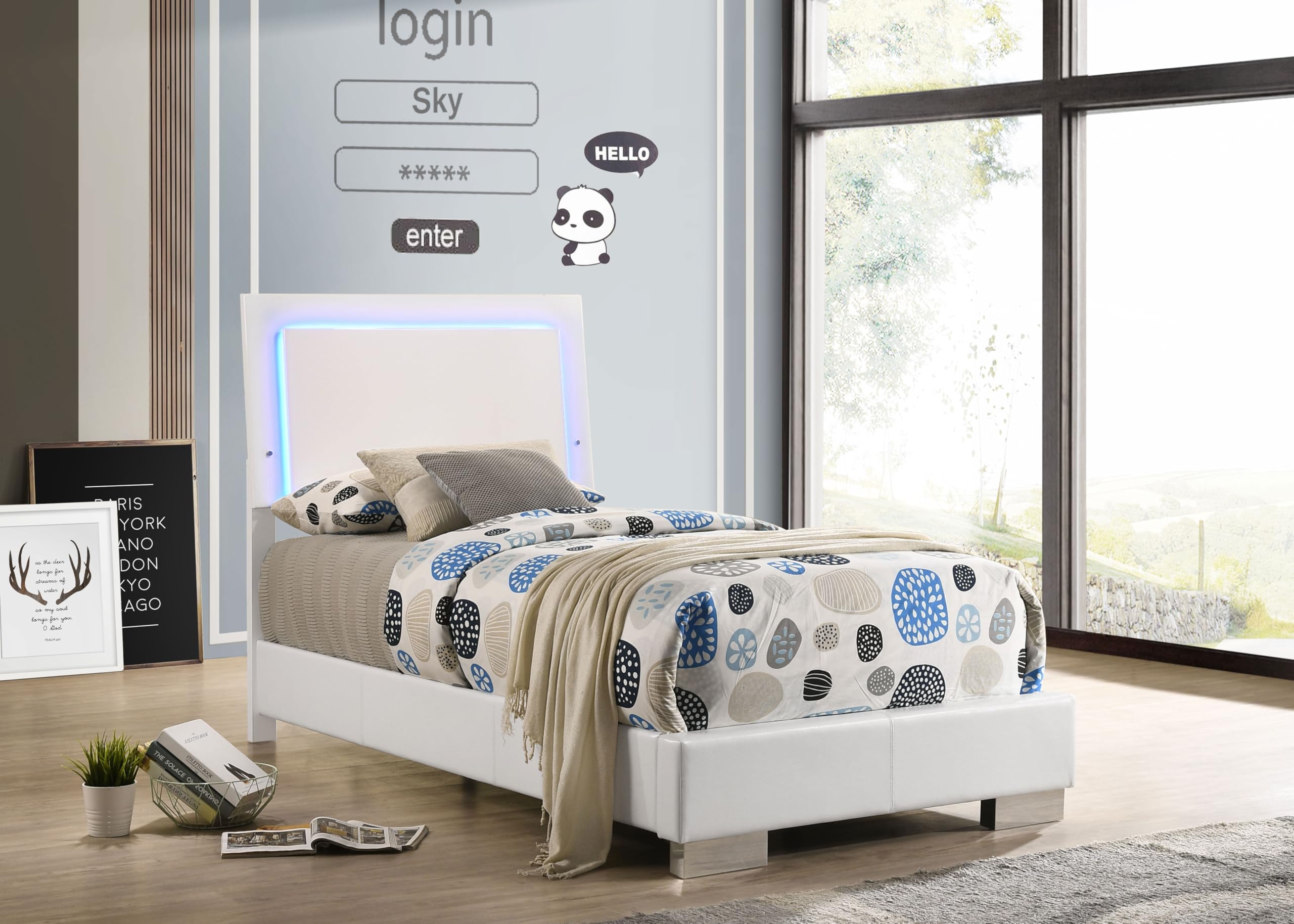 Coaster Home Furnishings Felicity Contemporary Leatherette Upholstered Twin Size LED Panel Bed Frame 49-inch Headboard White High Gloss 203500T