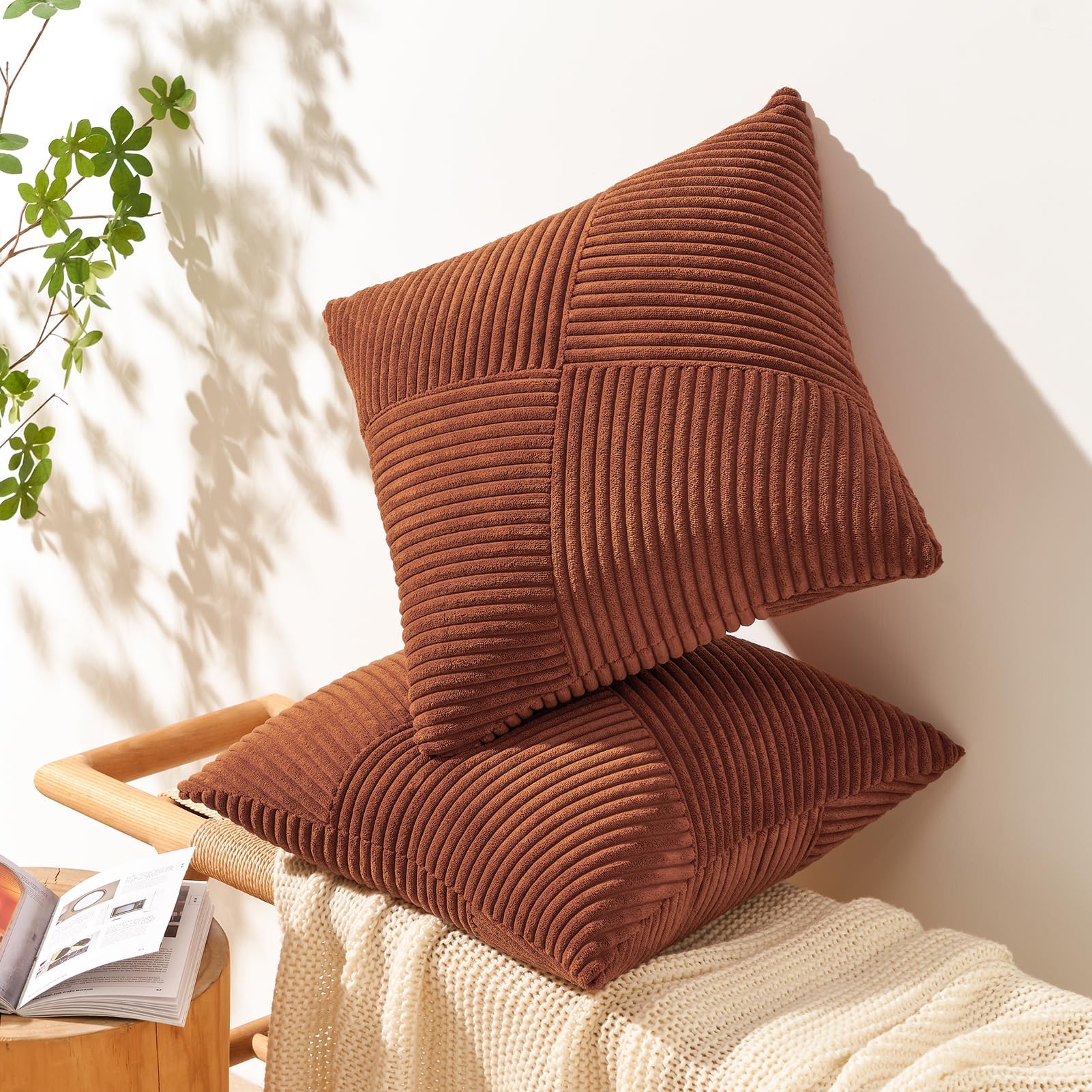 Topfinel Set Of 2 Decorative Terracotta Throw Pillow Covers 12X12 Inch, Soft Corduroy Pillow Covers Windmill Textured Striped Pa