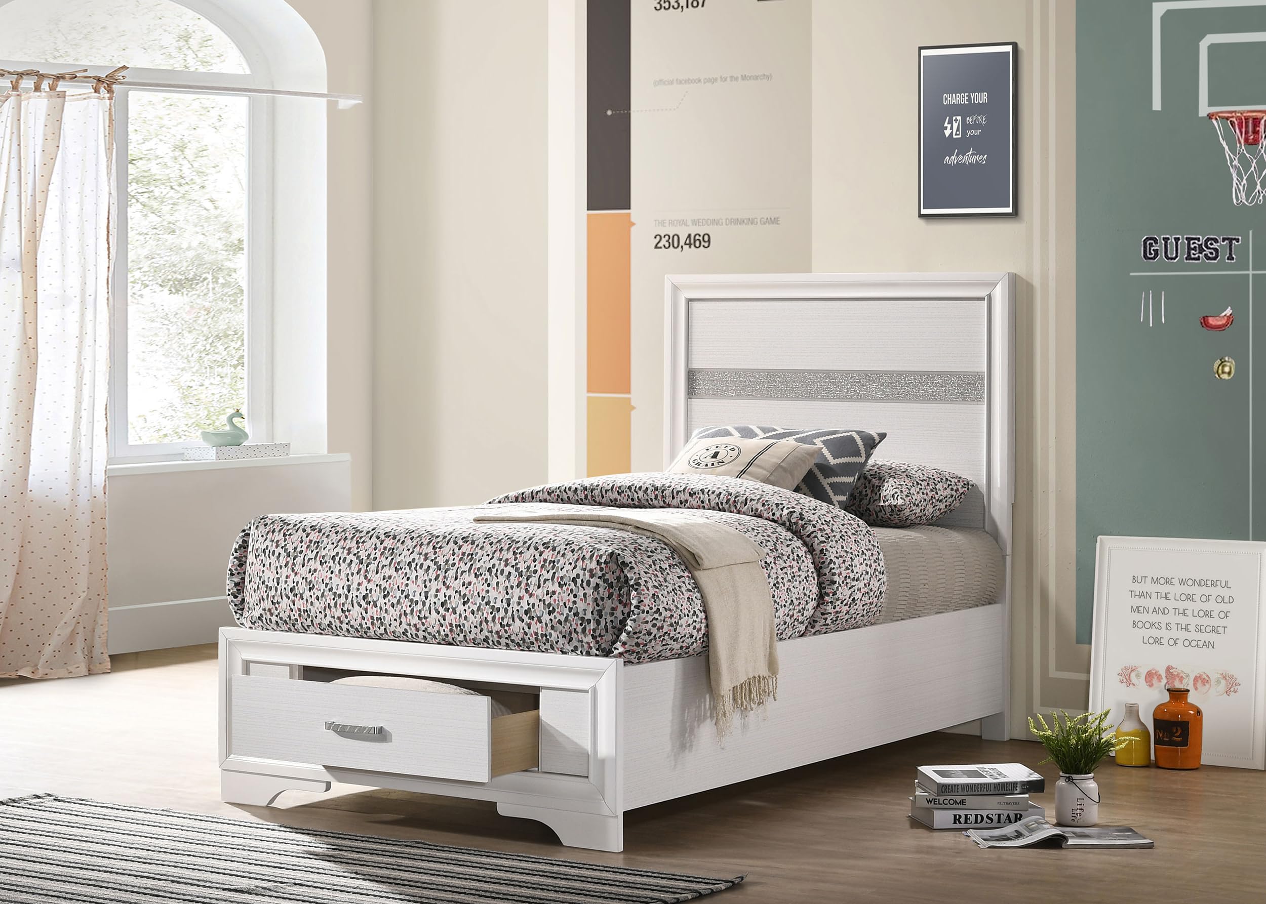 Coaster Home Furnishings Miranda Contemporary Wood Twin Size Storage Panel Bed Frame 50-inch Headboard White 205111T